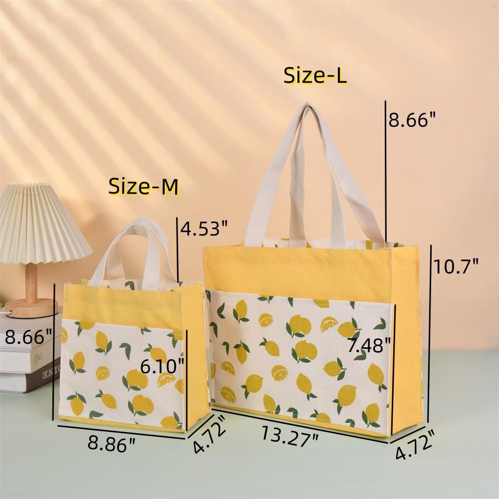 Size M Lemon/Avocado/Orange Linen Canvas Tote, Fruit Lunch Totes, Back to School