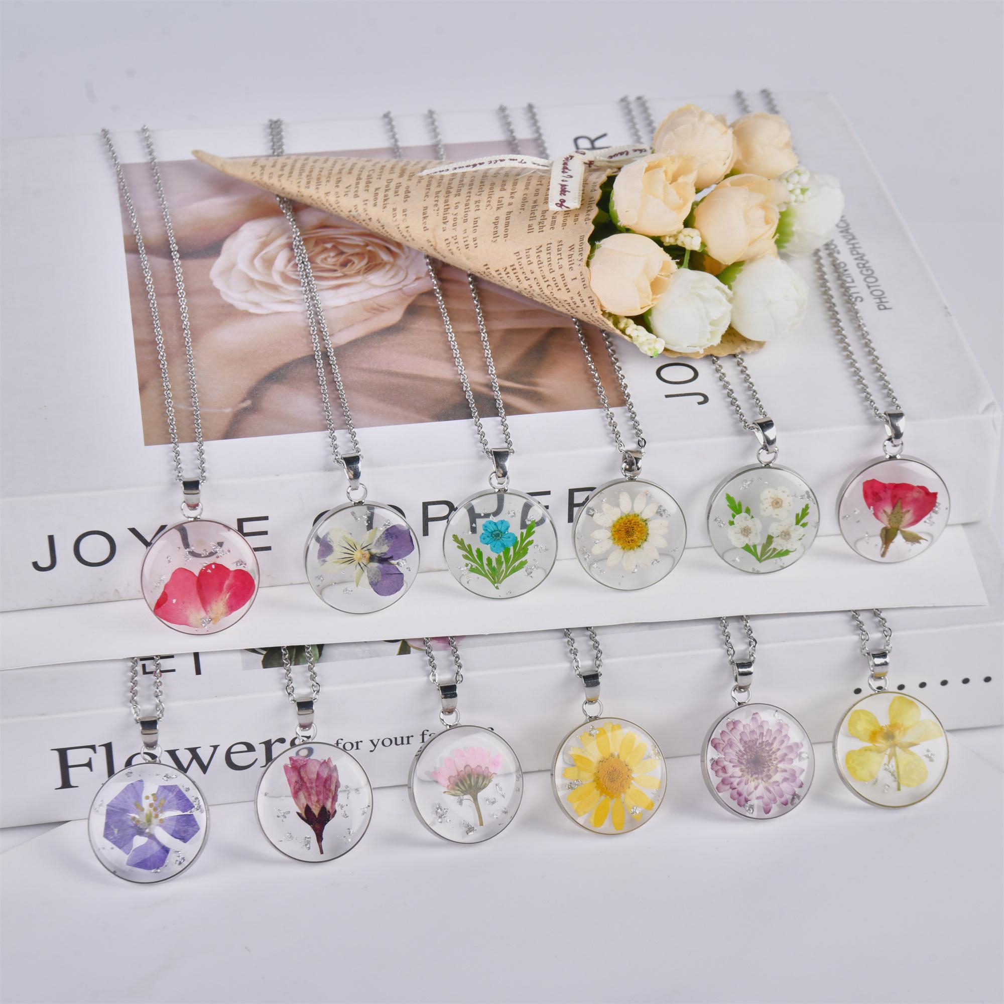Silver Birth Month Flower Necklace,Real Dried Flower Round Necklace