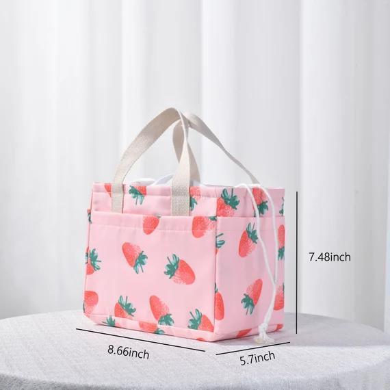 Handmade XL Pink Strawberry/Green Tableware Print Drawstring Lunch Bag w/Side Pockets