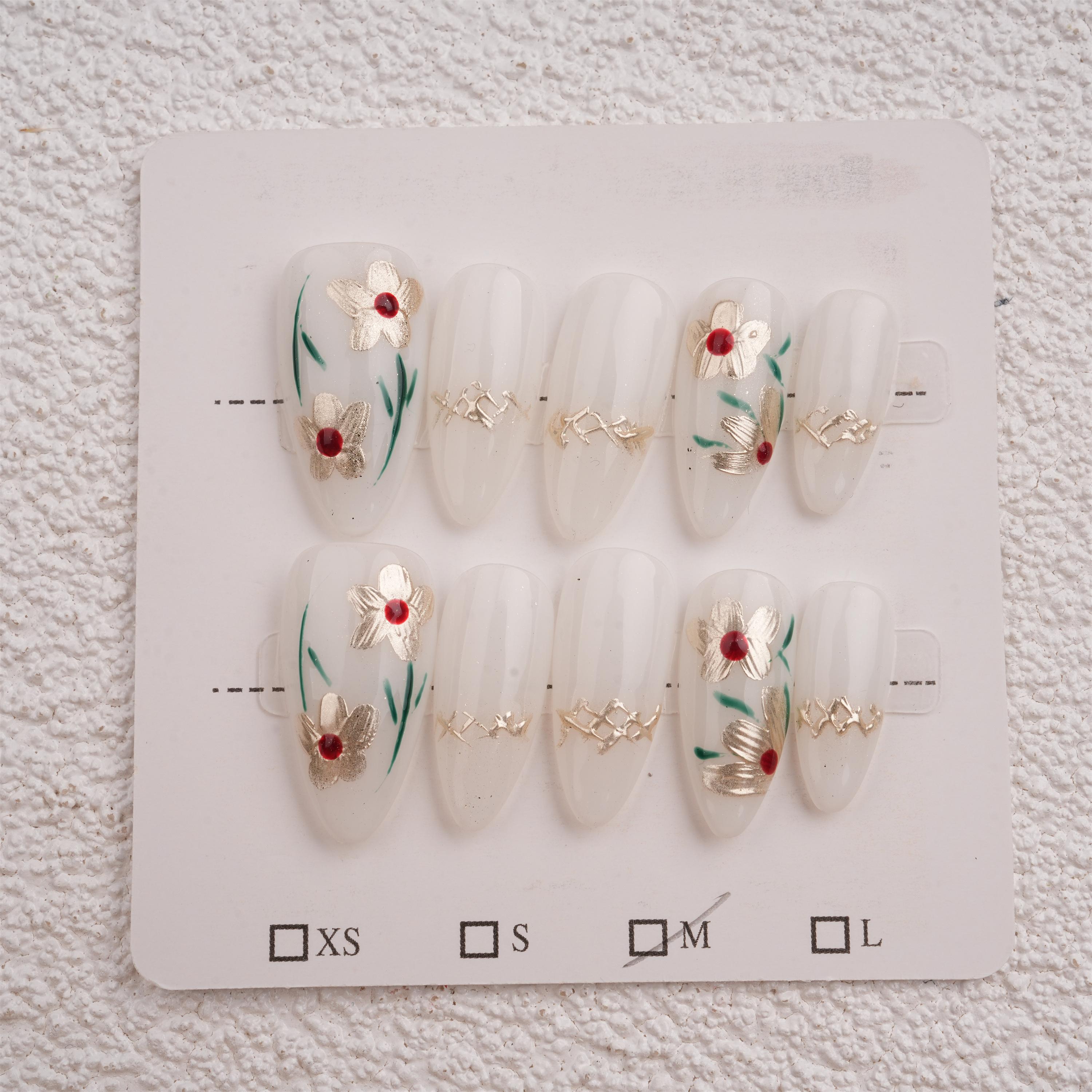 Gold Flowers Almond Fake Nails,10pcs Hand Painted, Jewelry Manicure with Fancy Design,Birthday/Mother's Day Gifts