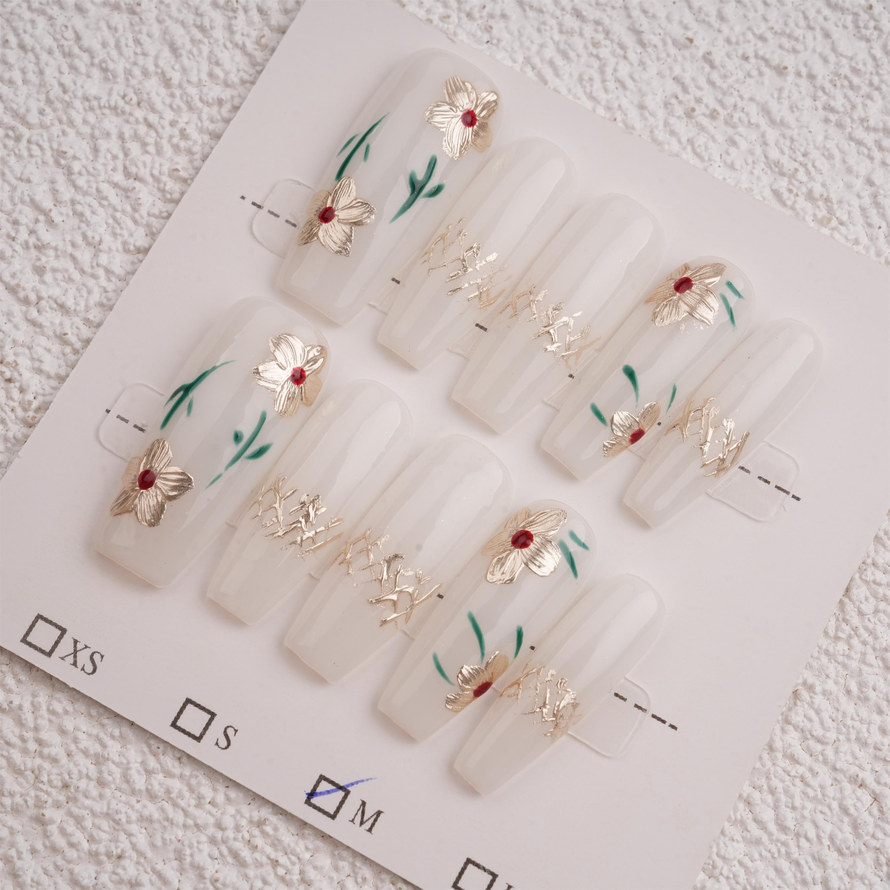 White and Gold Flower Press On Nails, Long Coffin Shape