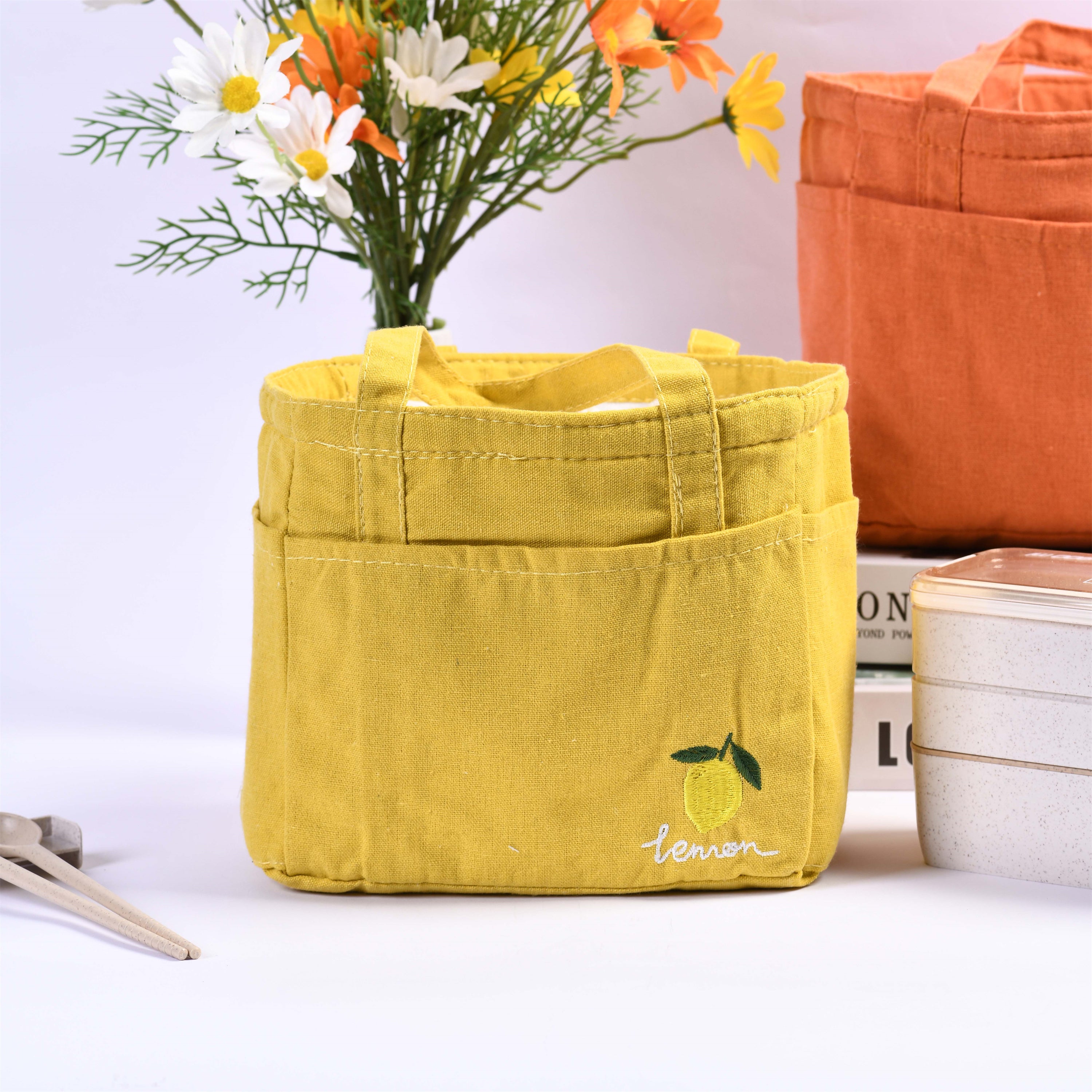 Orange/Avocado/Lemon/Peach Multi pocket Square Cotton Linen Insulated Lunch Bag, Premium Quality Drawstring Bag, Back to School