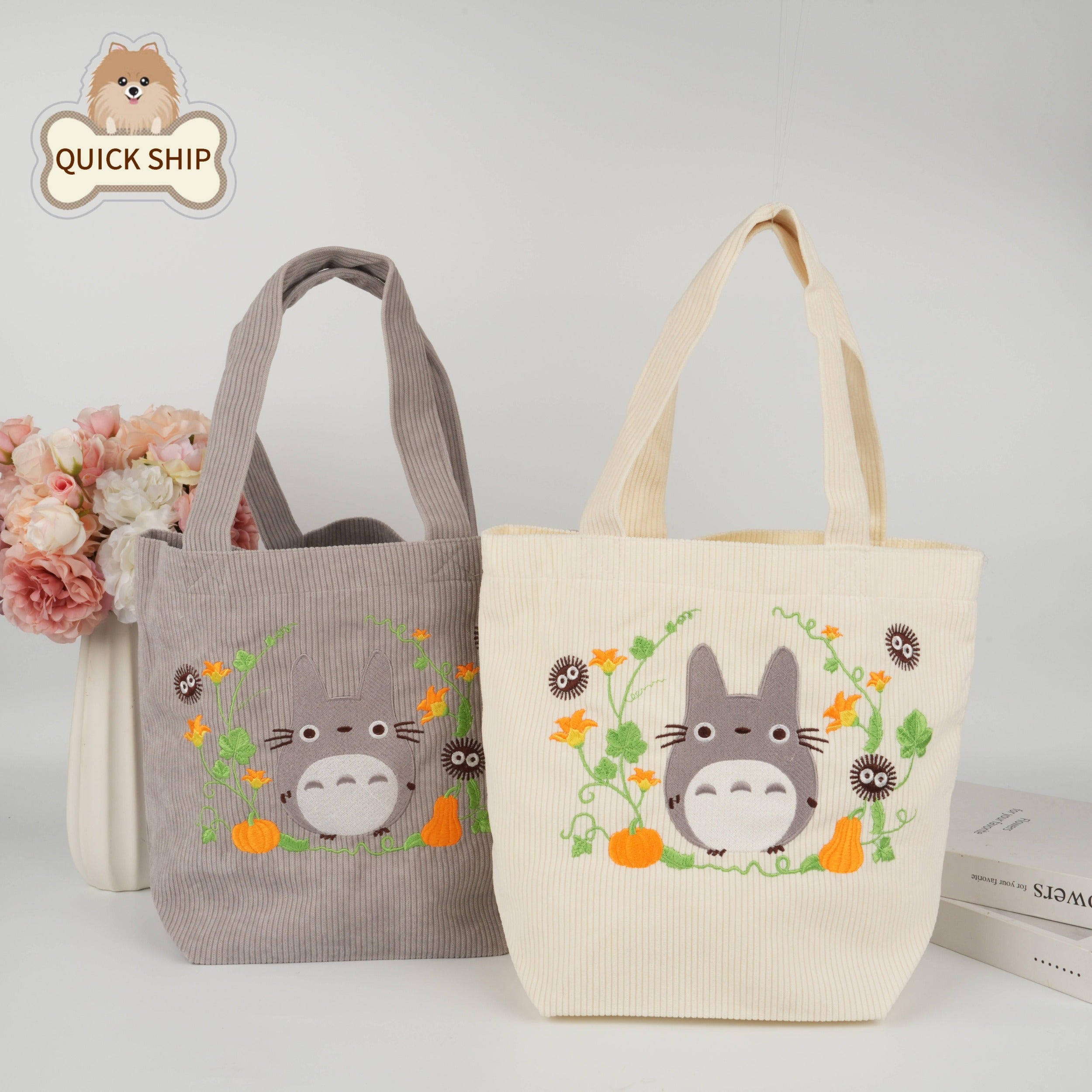 Handmade Embroidery Totoro Tote,Corduroy Bag Aesthetic,Cute Anime Handbag,Personalized Birthday Gift