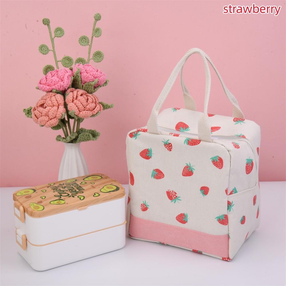 Orange Strawberry Apple Pear Cotton Linen Insulated Lunch Bag, Premium Quality Drawstring Bag, Back to School