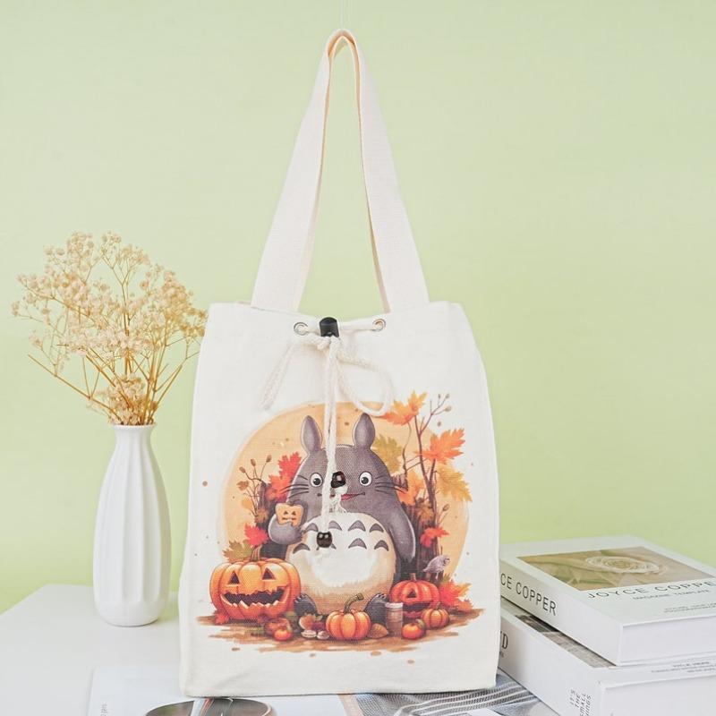 Totoro Pumpkin Canvas Drawstring Lunch Bag, Reusable Halloween Lunch Bag
