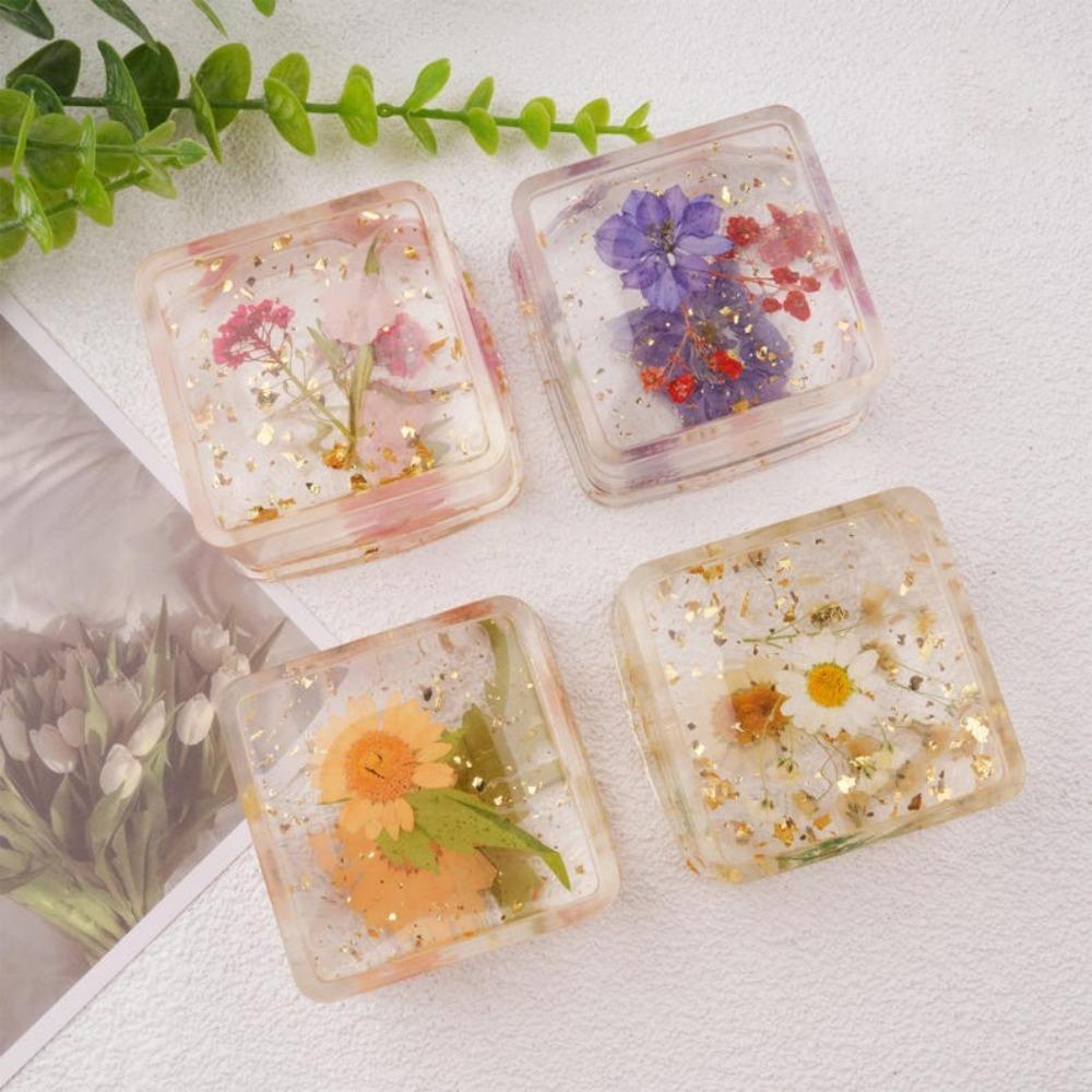 Square Real Flowers Resin Ring Holder, Floral Jewelry Box