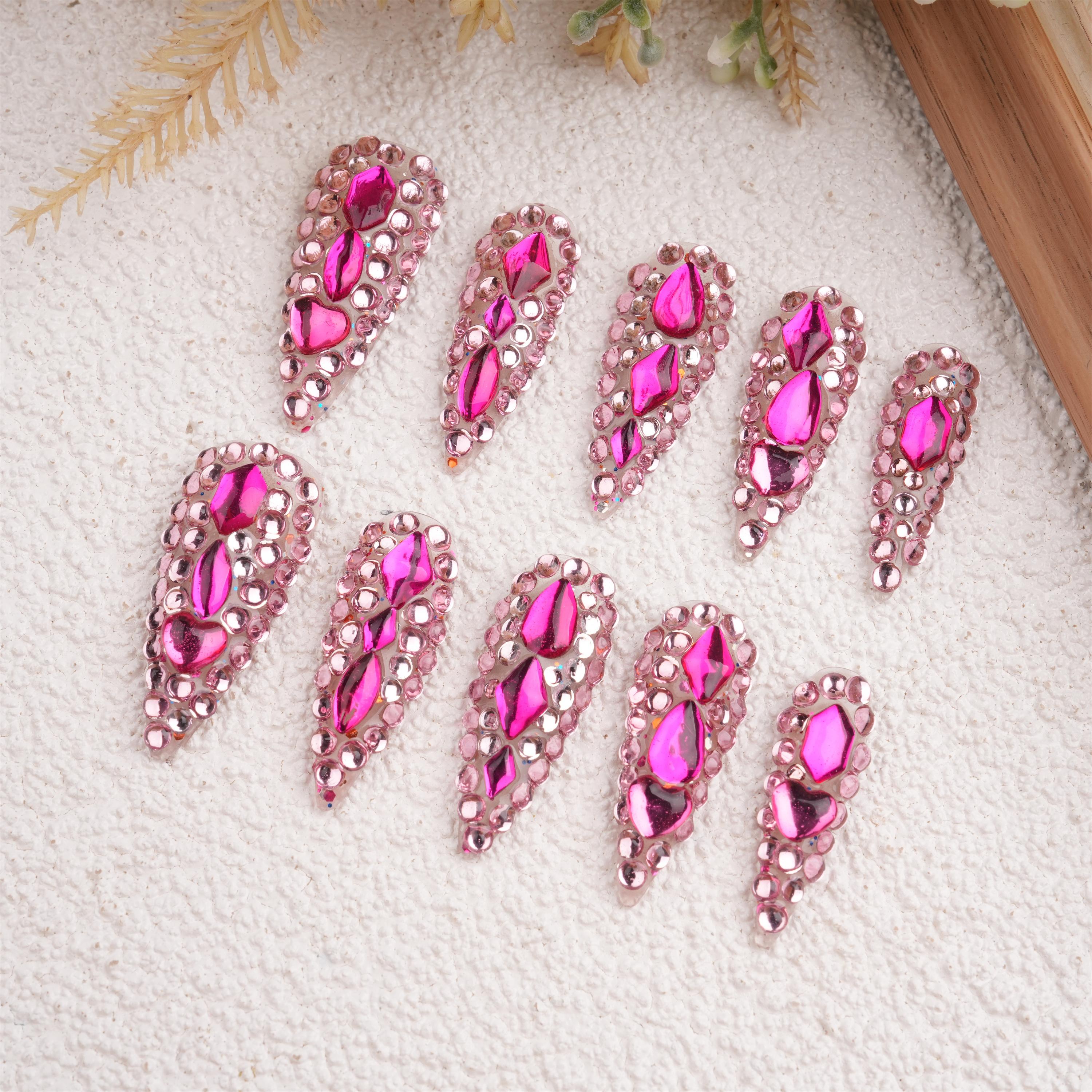 Luxurious Handmade Fully-rhinestoned Stick-on Pink Long Stiletto Press On Nails, Reusable Premium Manicure,Birthday Gifts