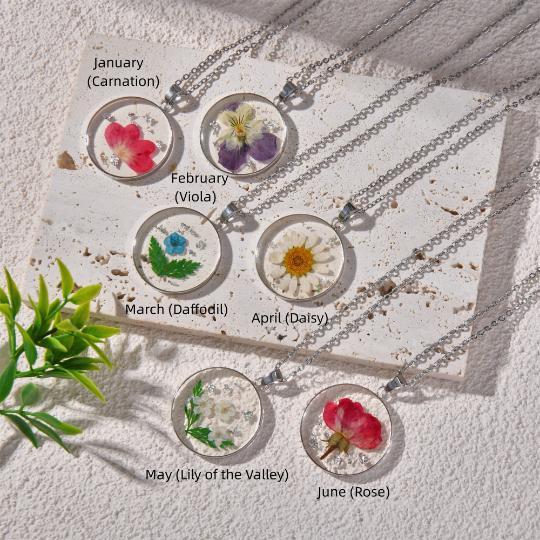 Silver Birth Month Flower Necklace,Real Dried Flower Round Necklace