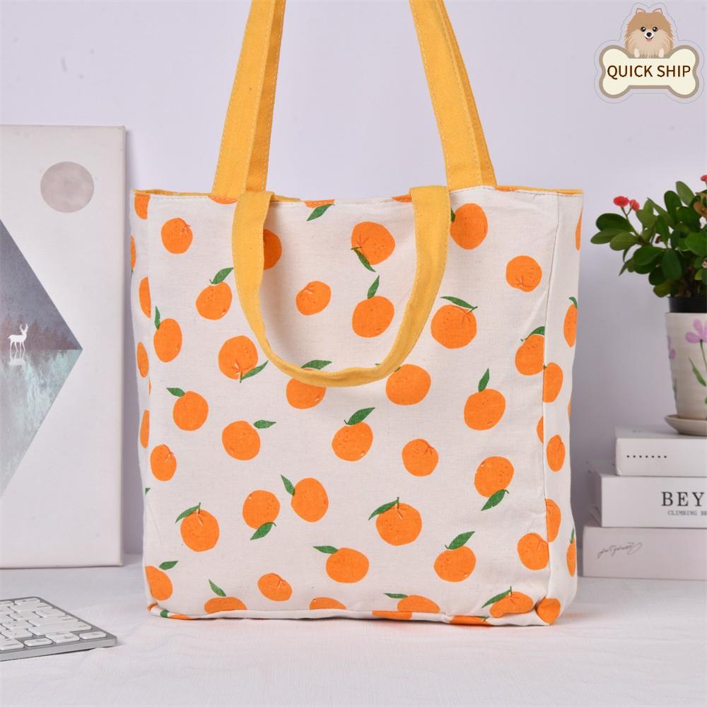 Two Strap Orange Strawberry Apple Pear Cotton Linen Shoulder Bag, Reusable Shopping Bag, Back to School