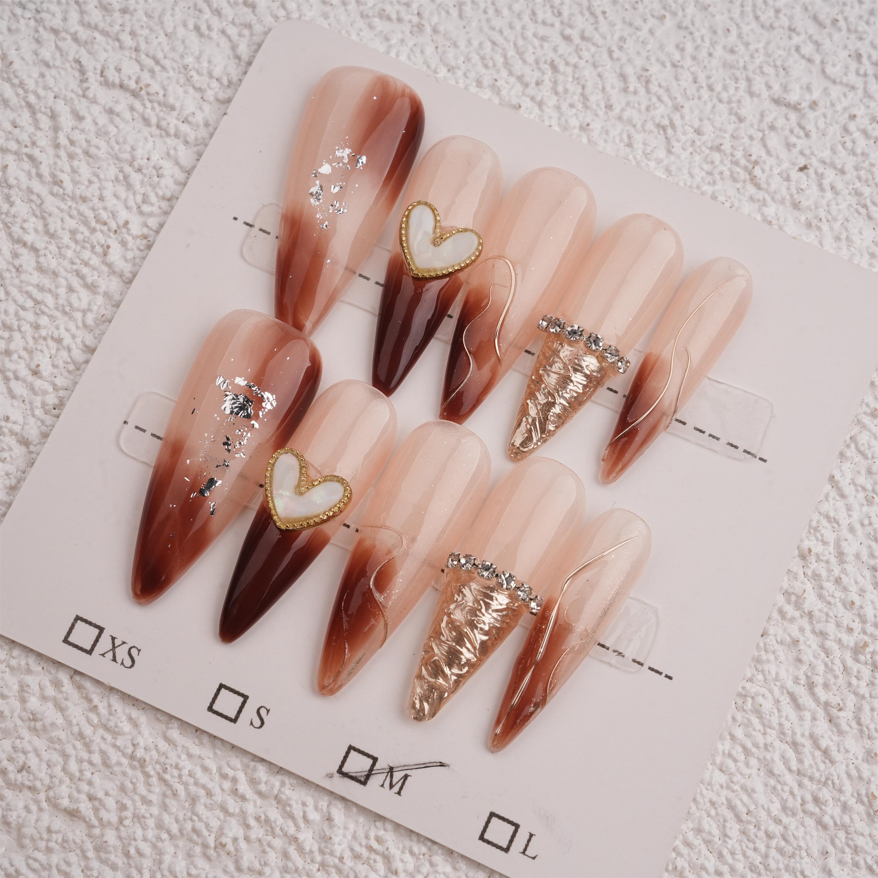 Sparking Hand Painted Golden Swirl Lines Press On Nails,Long Stiletto,Reusable Premium Manicure