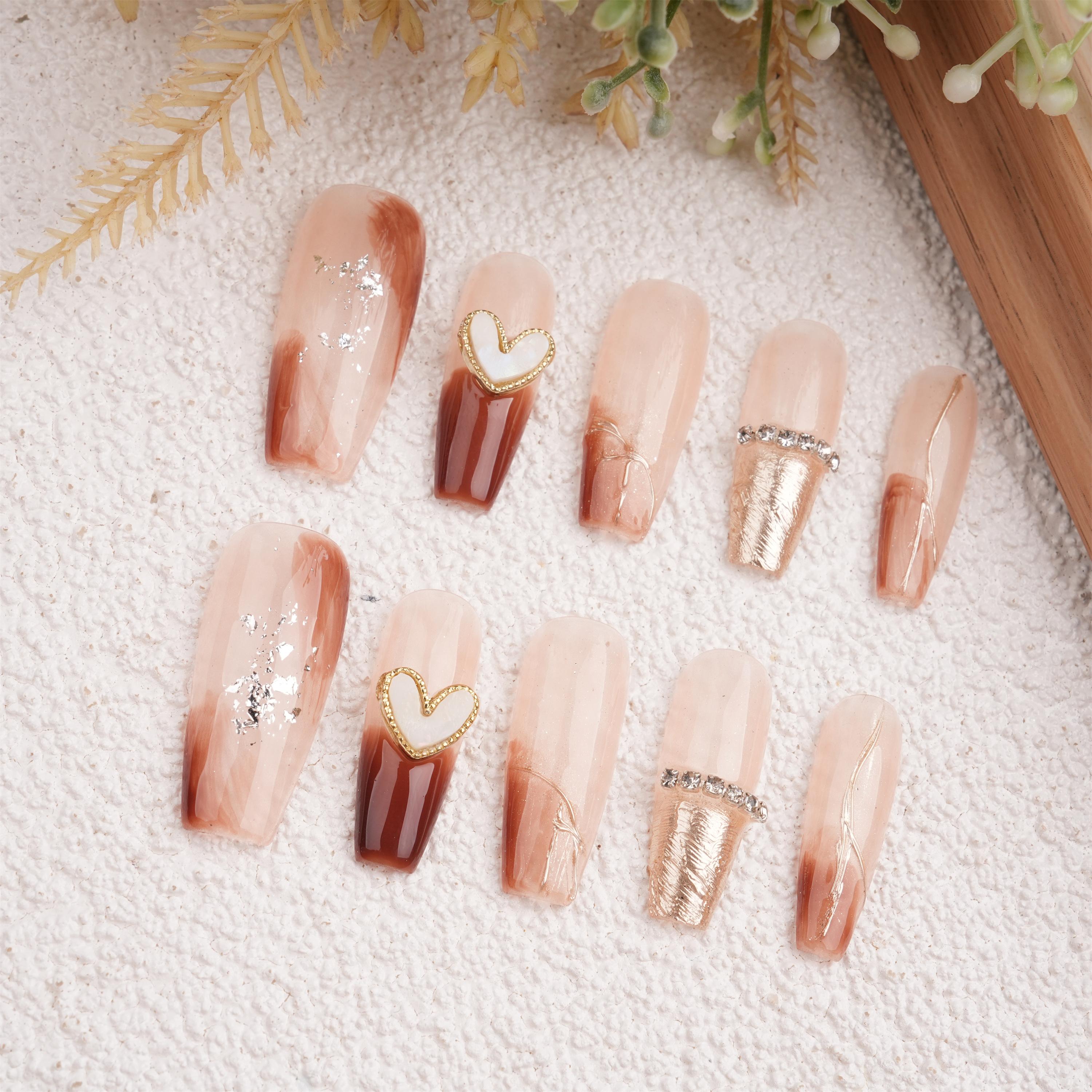 Luxury Ombre Brown Press On Nails With Rhinestones Charms,Long Coffin,Artist Faux Nails,Elegant Design for Everyday Wear,Birthday/Mother's Day Gifts