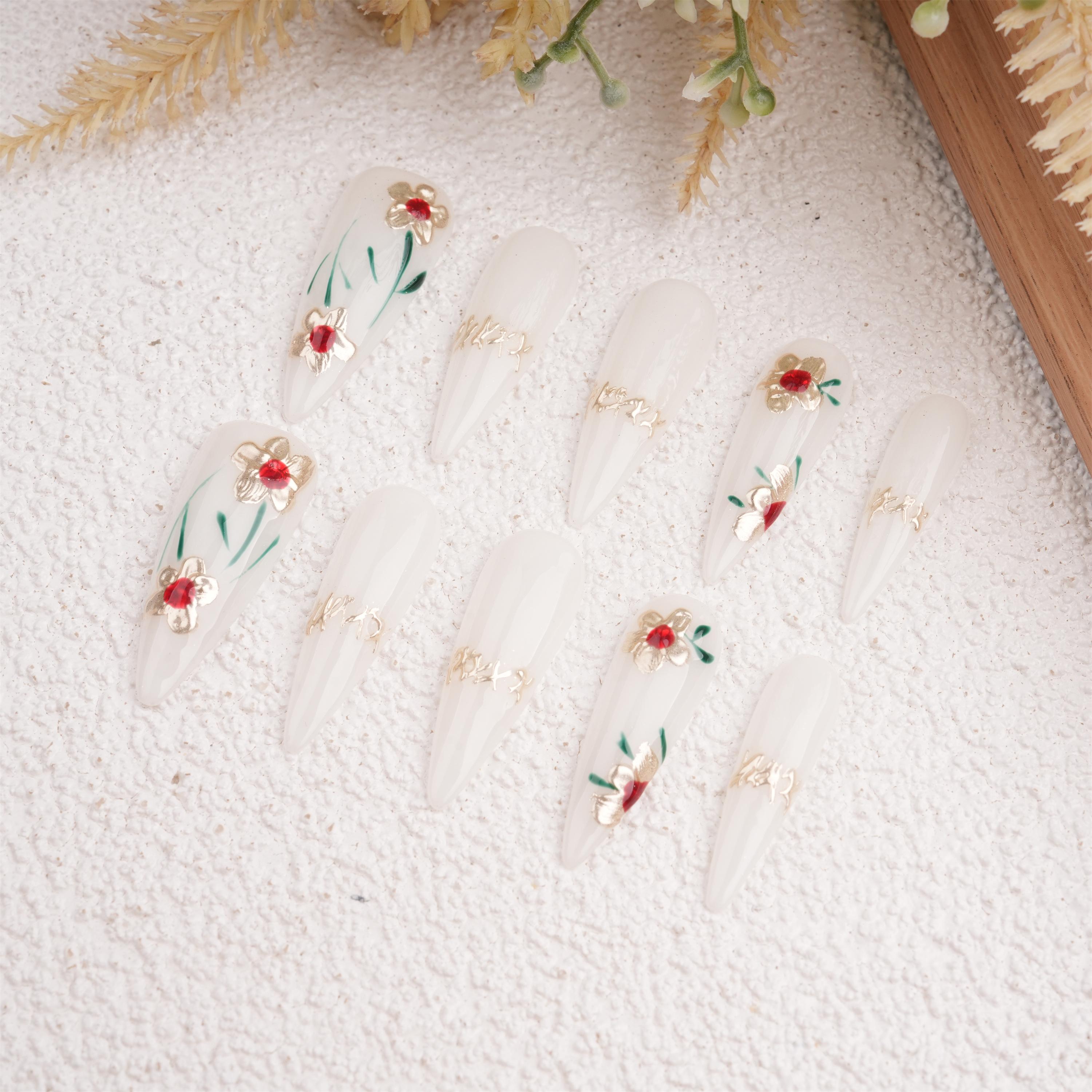 Diamond Floral Glossy Press On Nails,Long Stiletto,Y2K Trendy Style,Elegant Fake Manicure,Birthday/Mother's Day Gifts