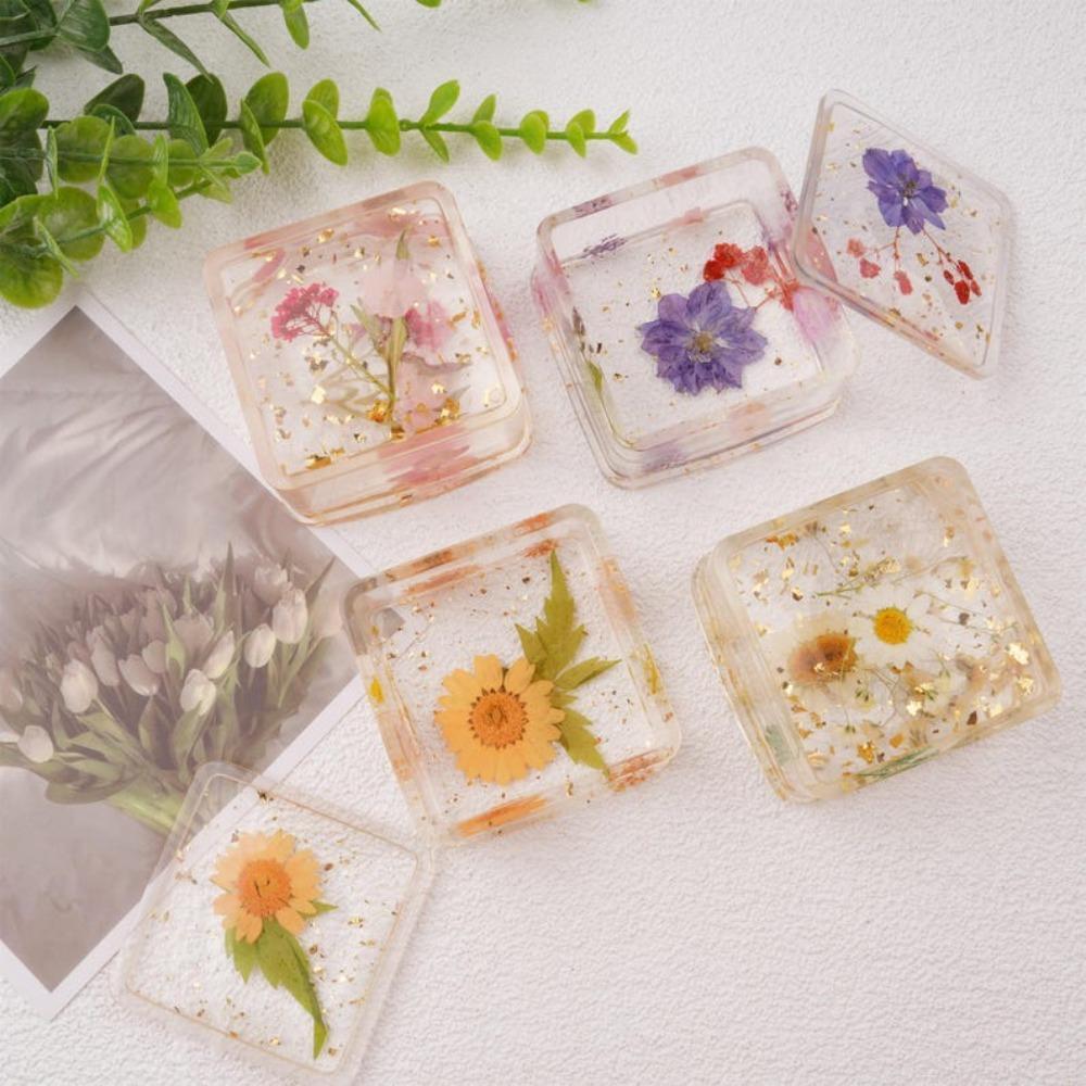 Square Real Flowers Resin Ring Holder, Floral Jewelry Box