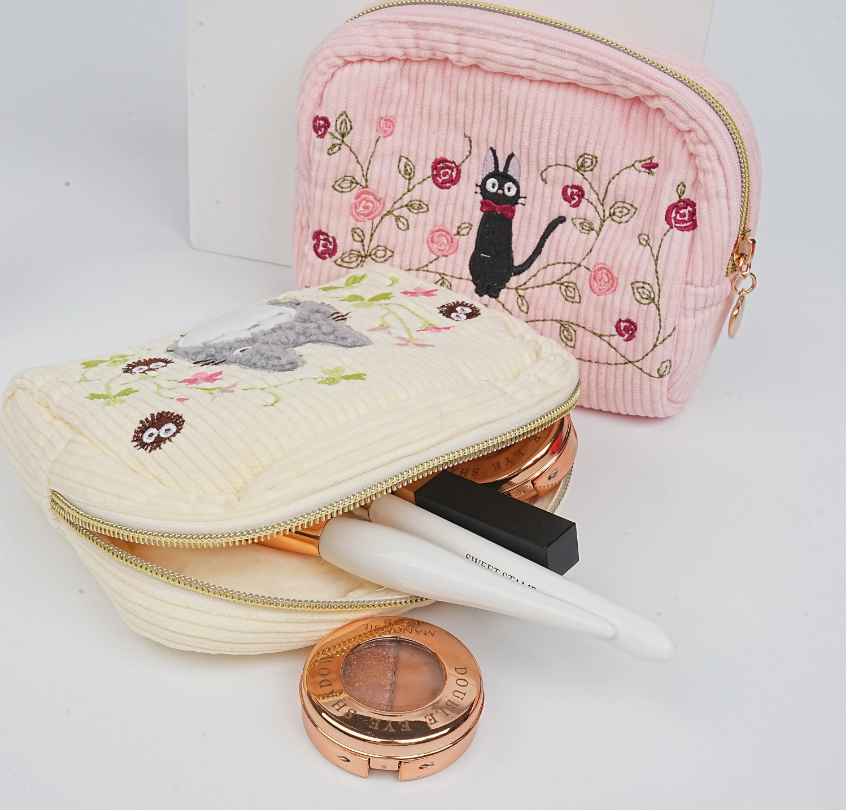 Handmade Embroidered Cartoon Totoro Corduroy Cosmetic Bag