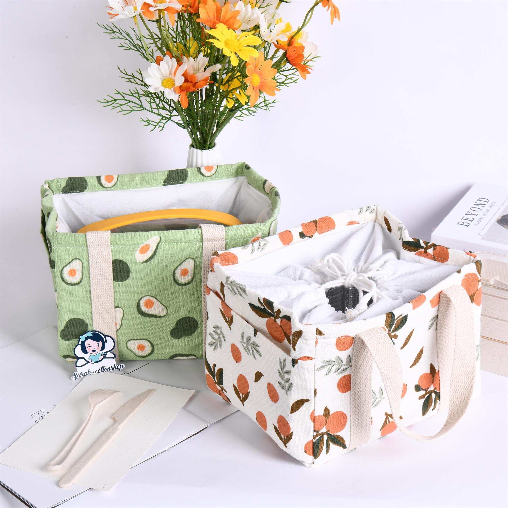 Handmade XL Orange/Avocado/Lemon/Peach Cotton Linen Insulated Lunch Bag,Drawstring Tote, Back to School