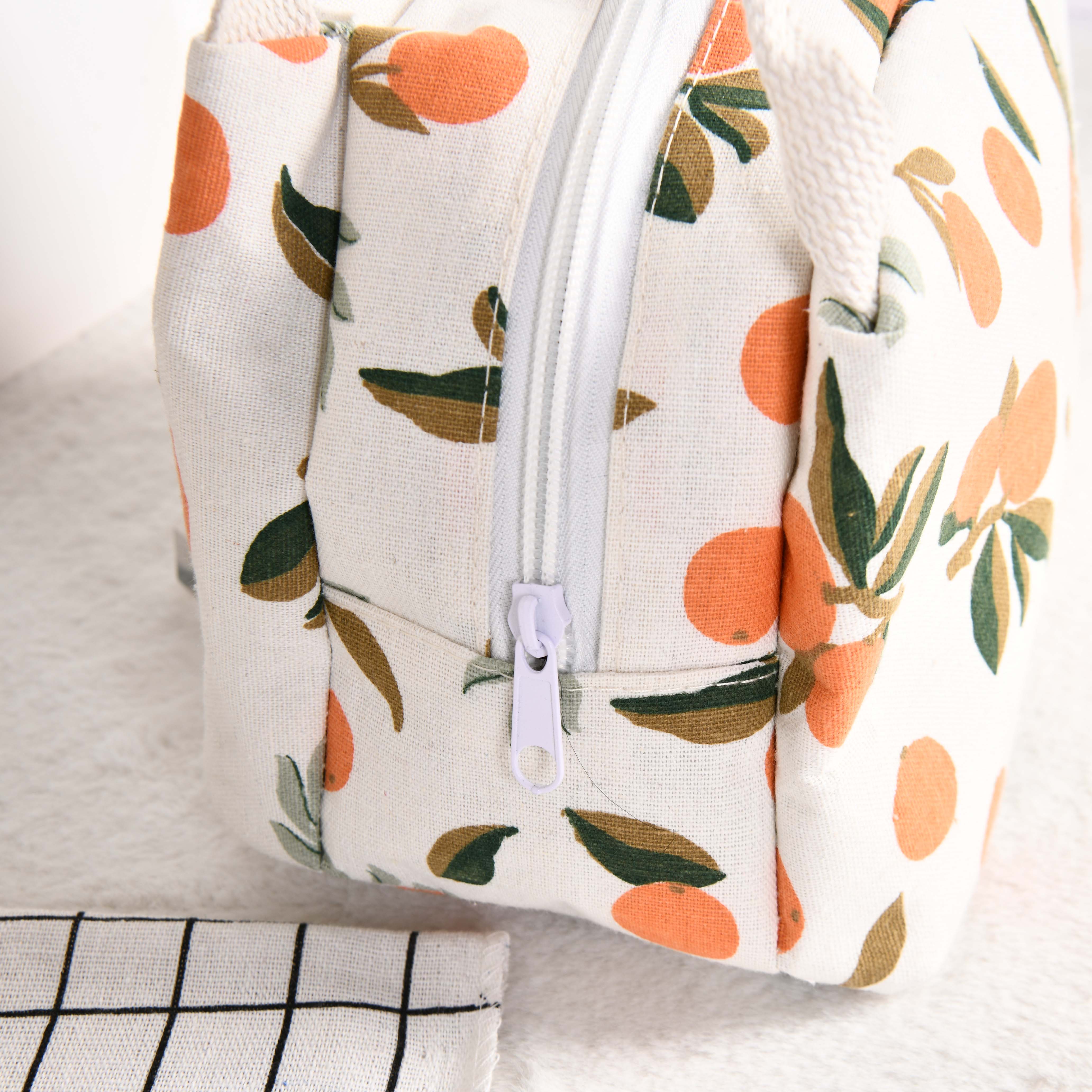 Size M Orange/Avocado/Lemon/Peach Cotton Linen Insulated Lunch Bag, Premium Quality Zipper Bag, Back to School