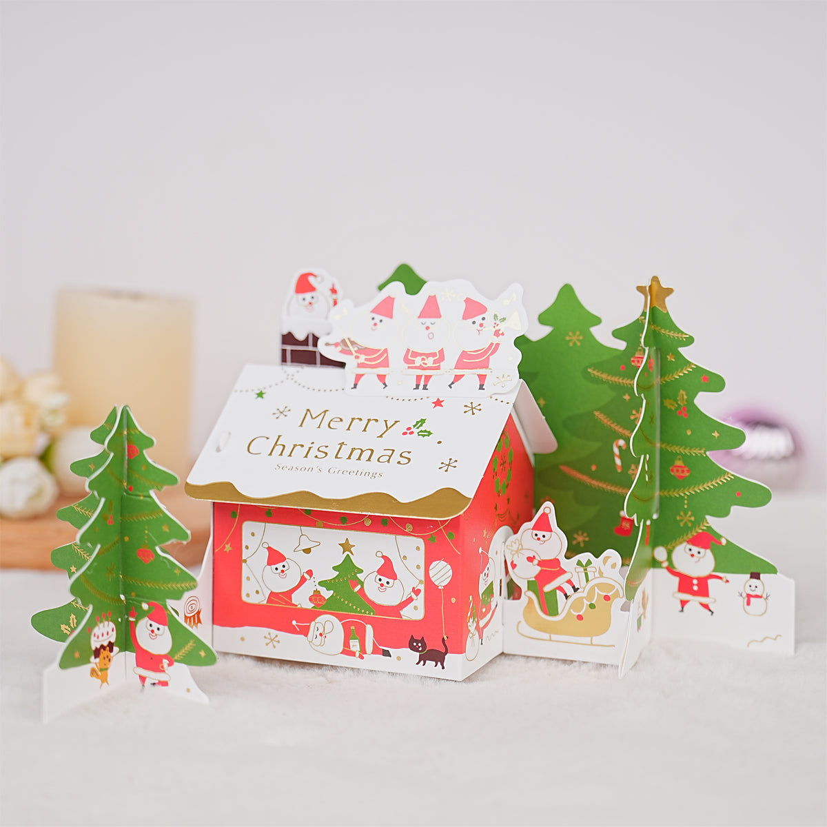 Green White Santa House Christmas Card