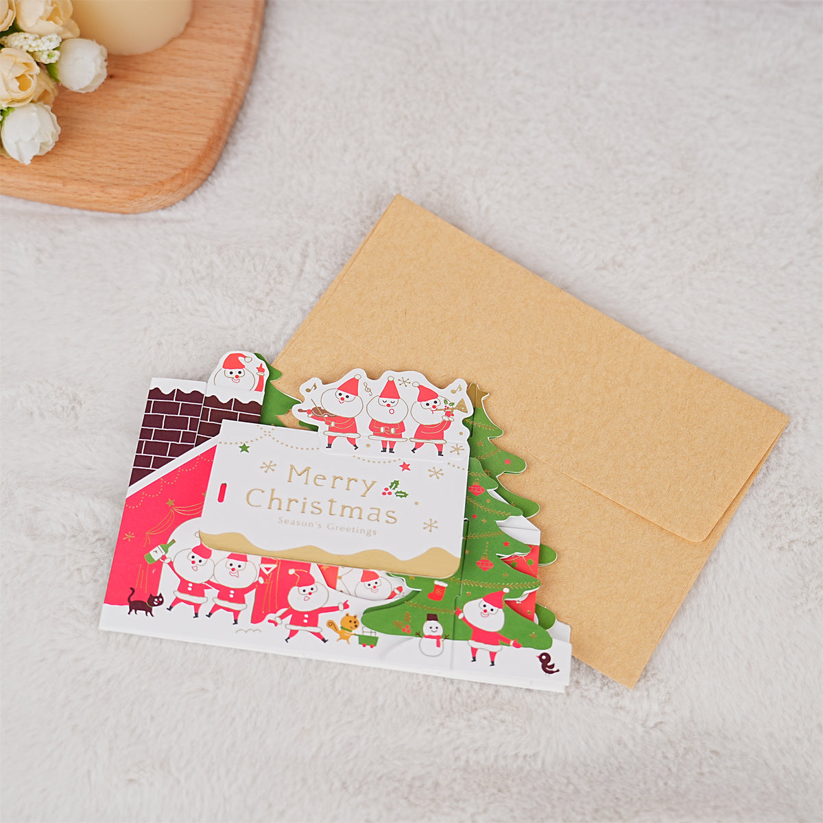 Green White Santa House Christmas Card