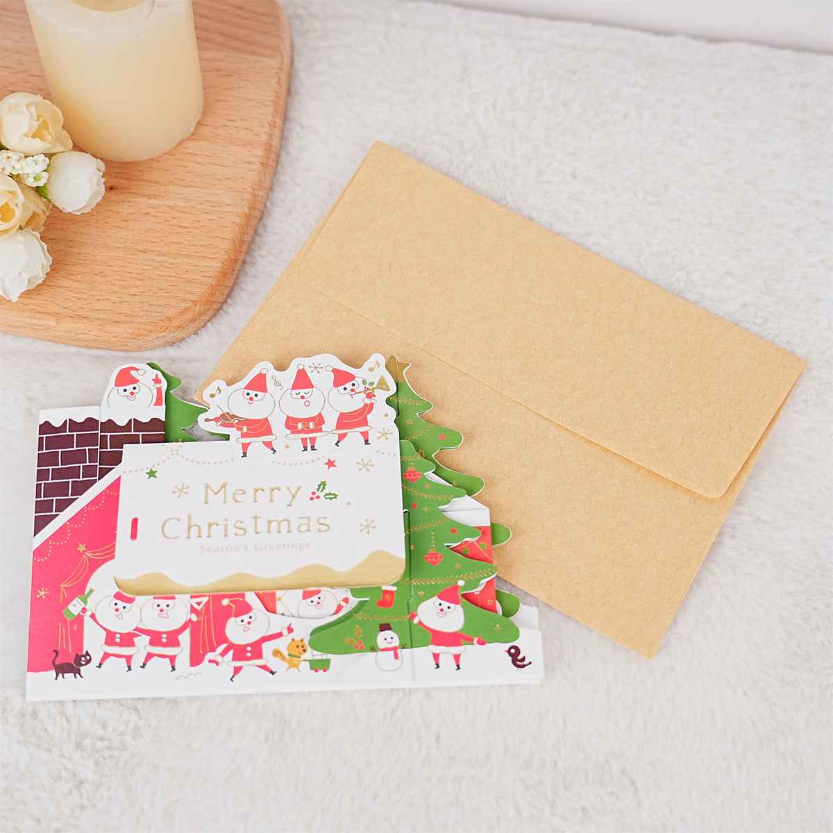 Green White Santa House Christmas Card