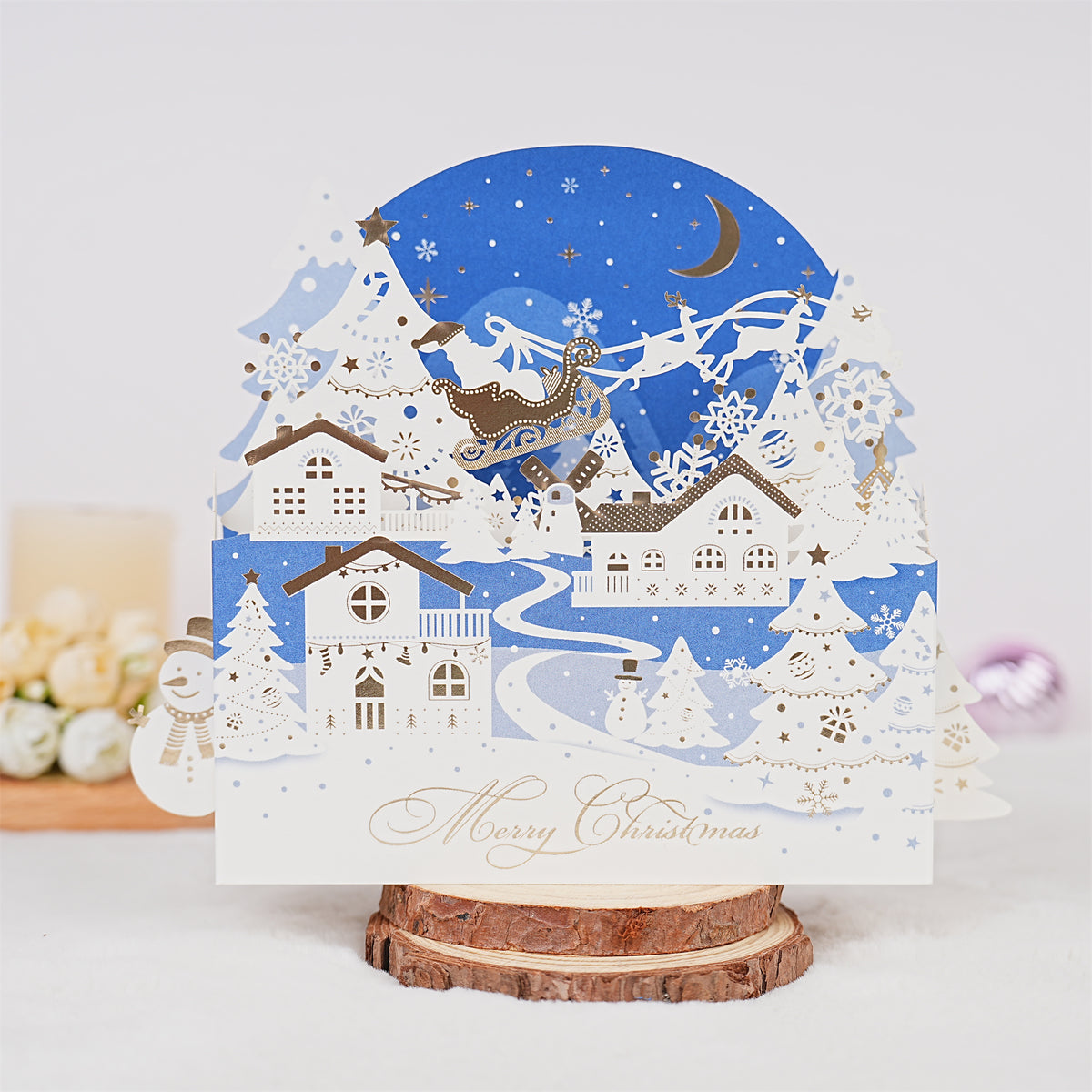 Blue White Snow Village Christmas Card
