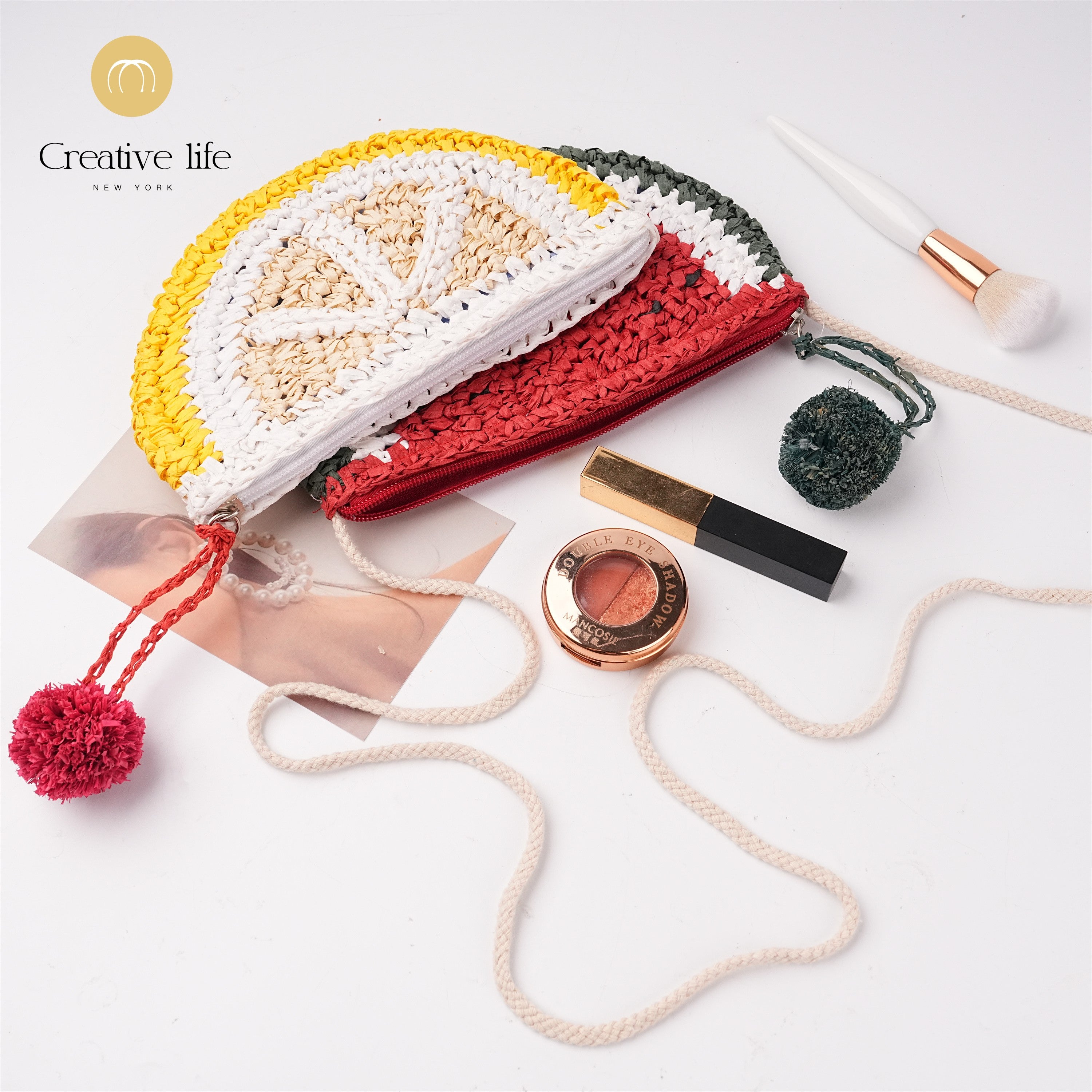 Women's Straw Woven Handbag,Watermelon & Lemon Design,Cute Cosmetic Bag for All Occasions