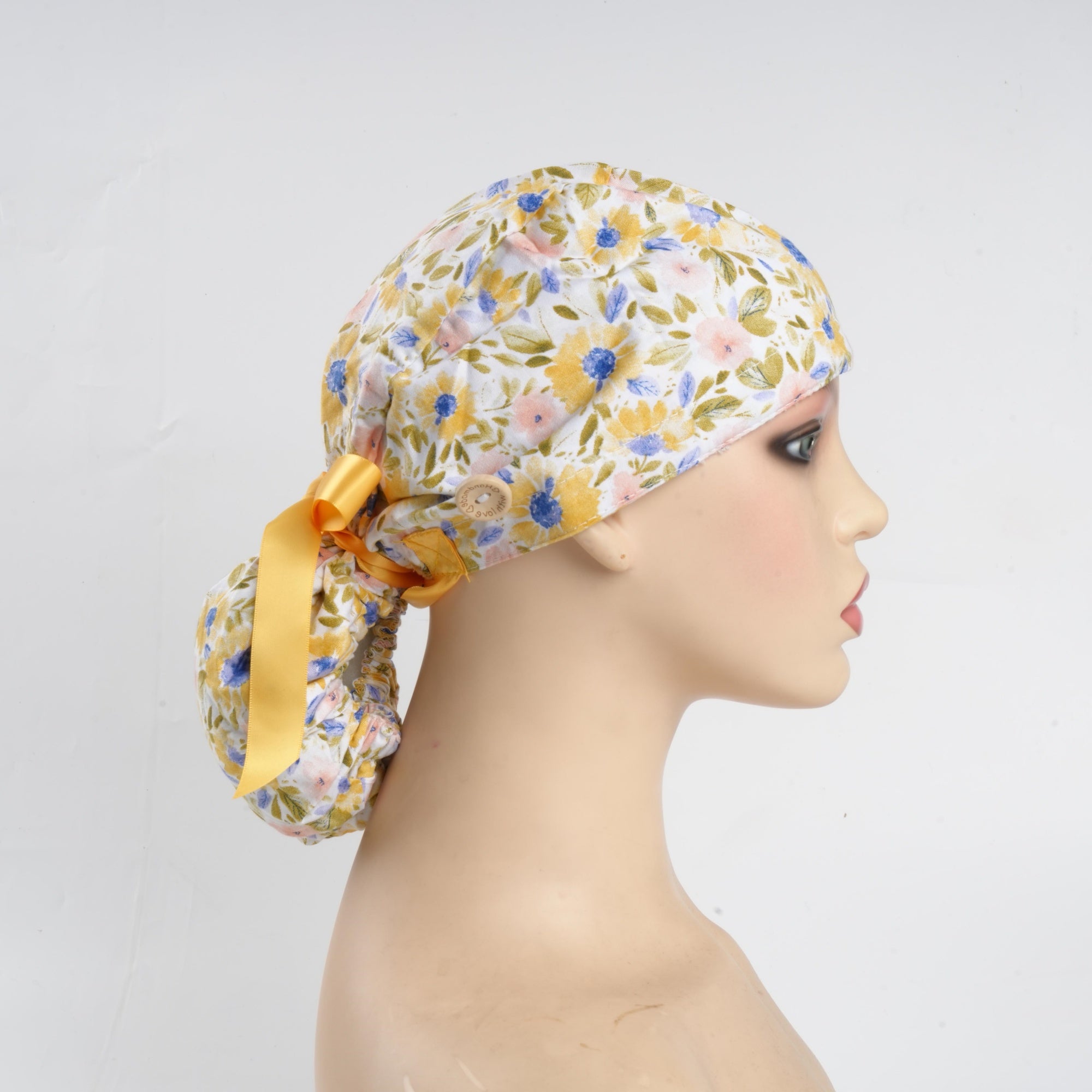 Yellow Blue Watercolor Flower Cotton Ponytail Scrub Cap
