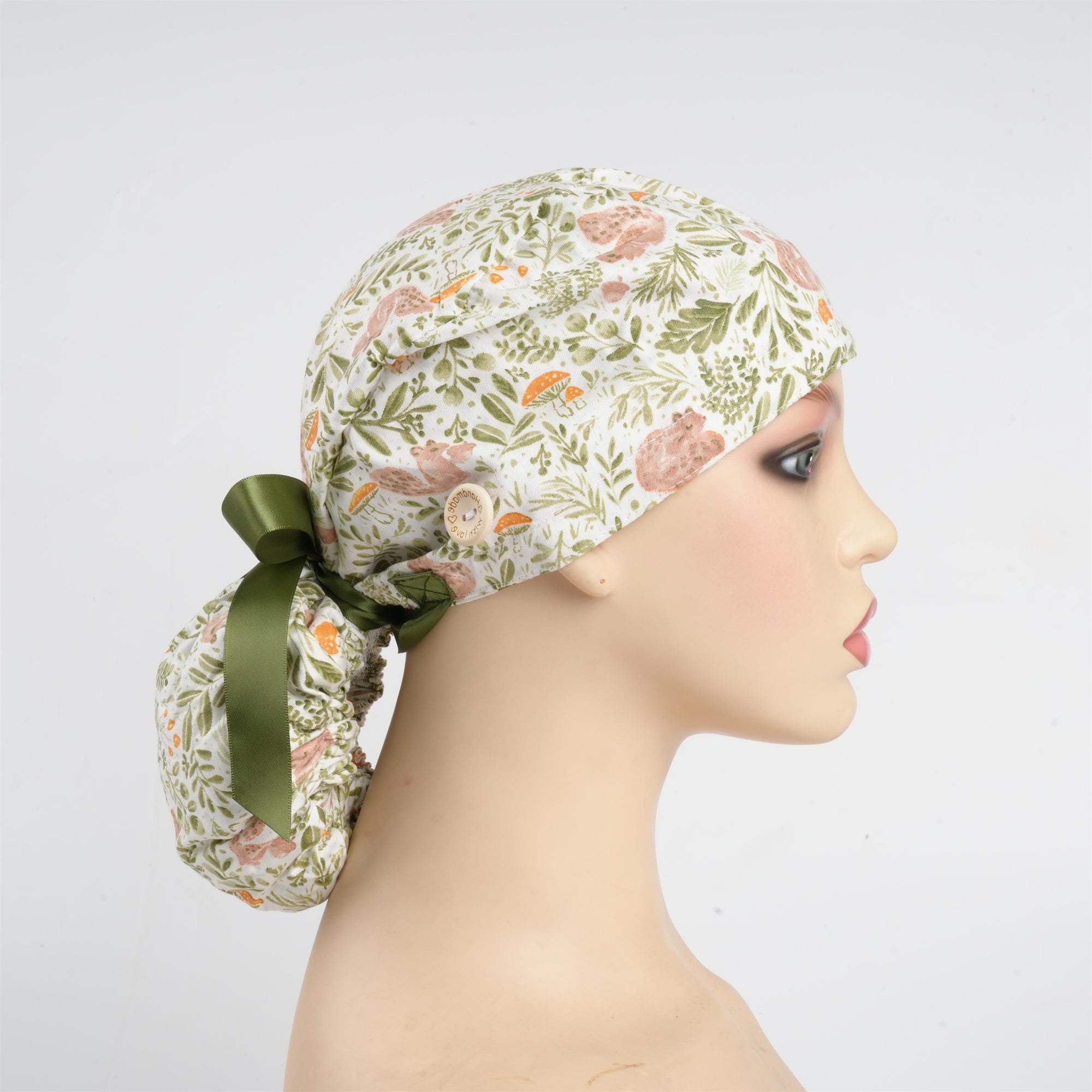 Squirrel & Greenery Cotton Ponytail Scrub Cap