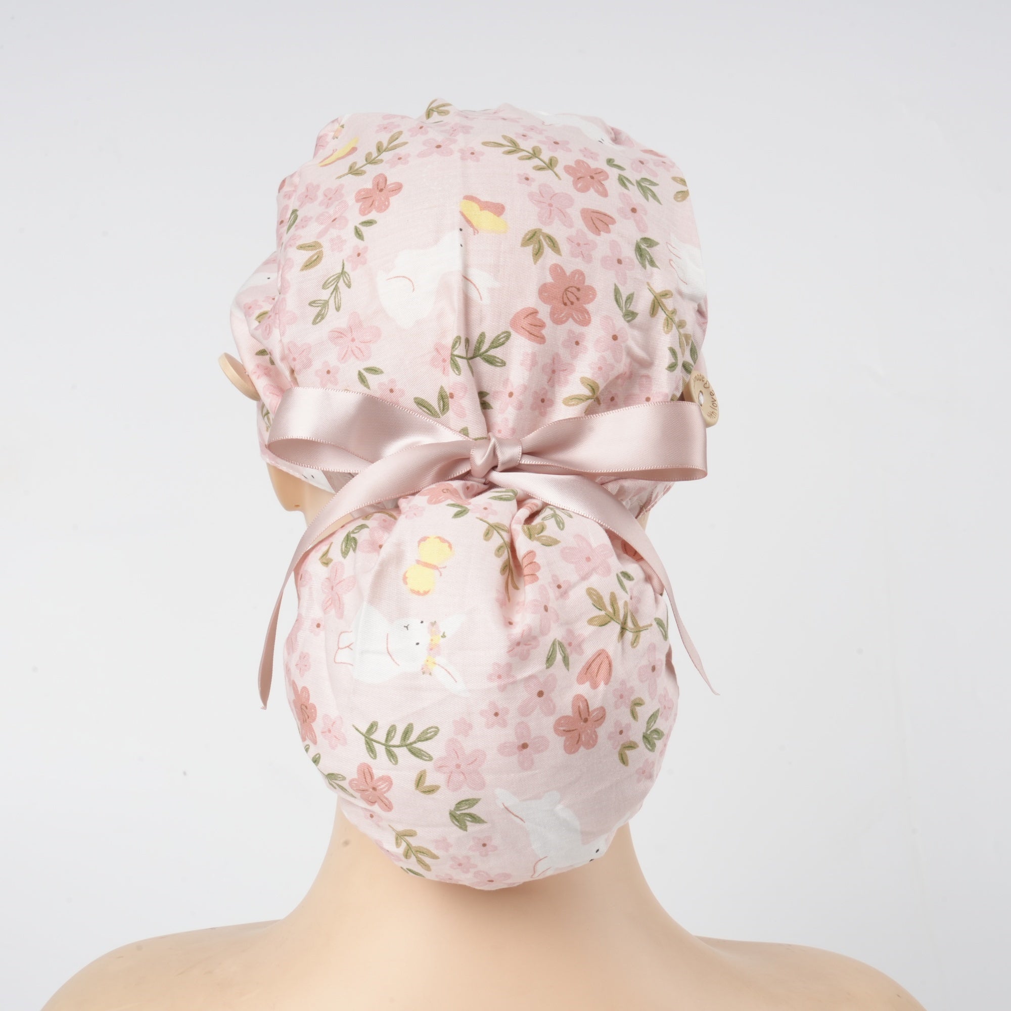 Pink Floral Bunny Cotton Ponytail Scrub Cap