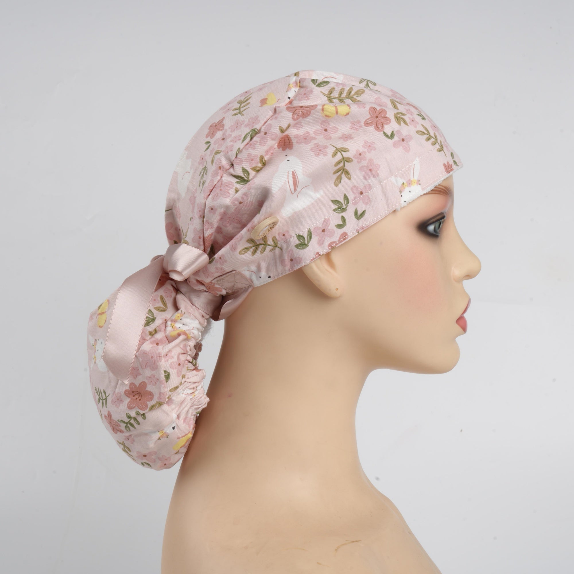 Pink Floral Bunny Cotton Ponytail Scrub Cap
