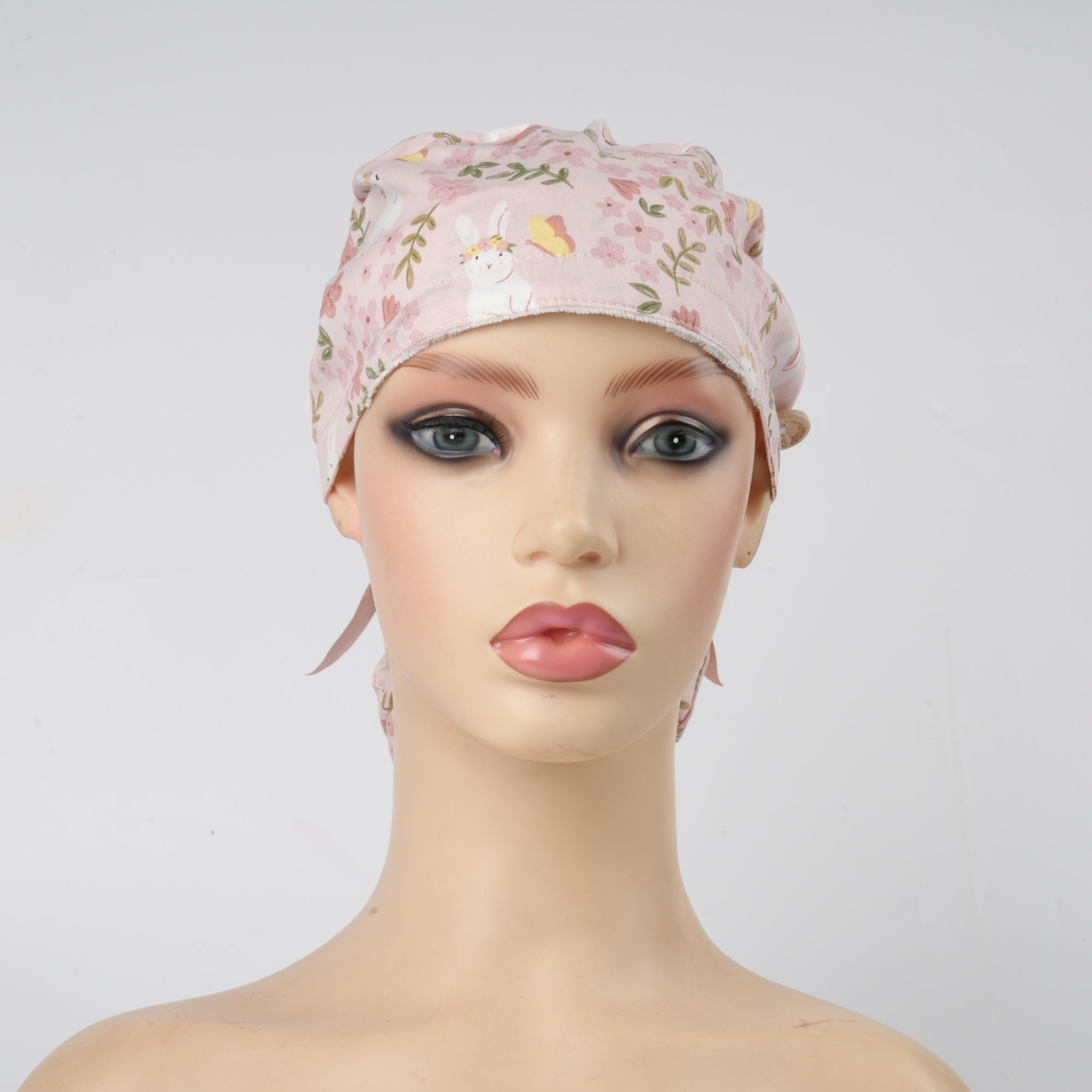 Pink Floral Bunny Cotton Ponytail Scrub Cap