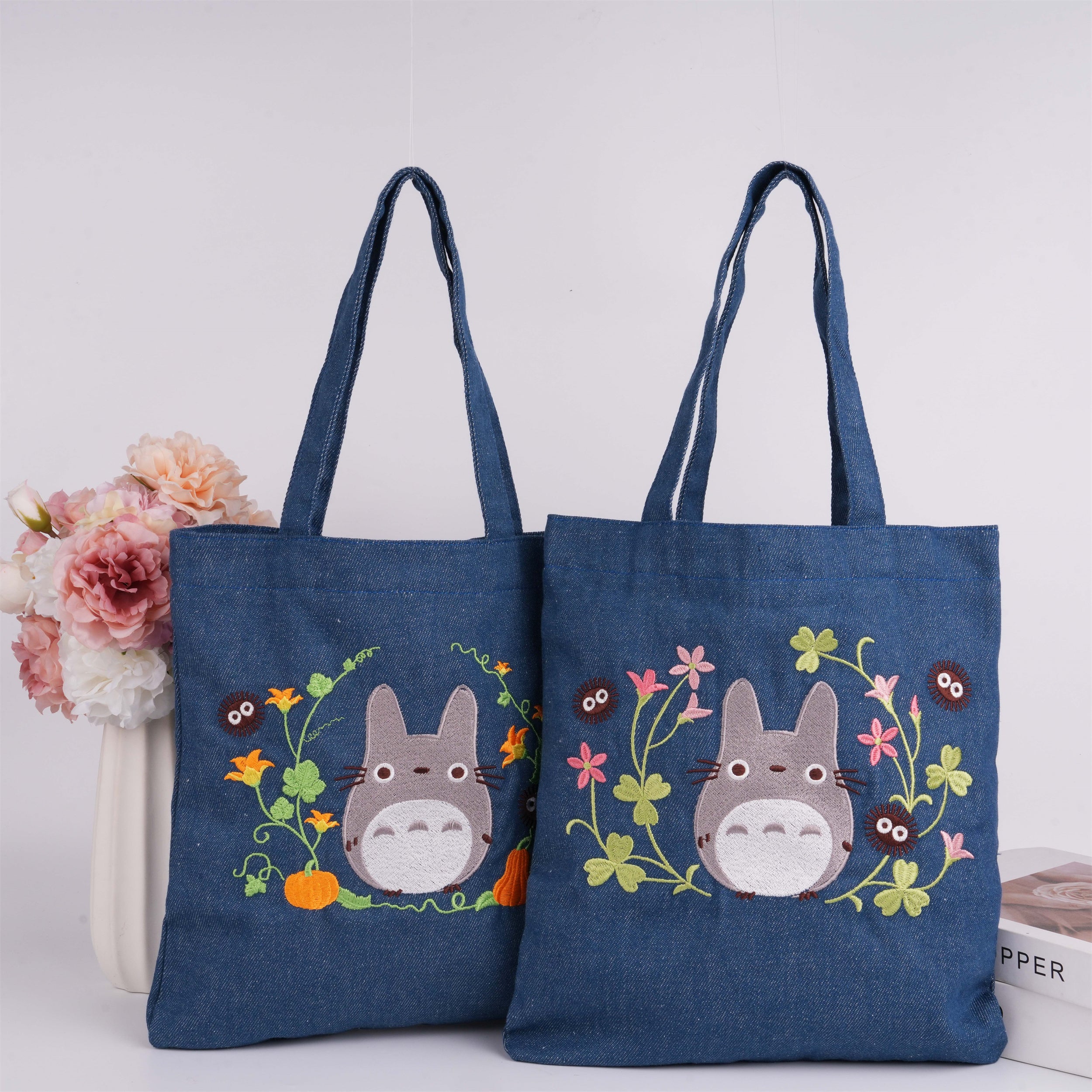 Handmade Embroidery Totoro& Flower Tote,Fabric Handbag,Cute Storage Purse,Wedding/Birthday Gift