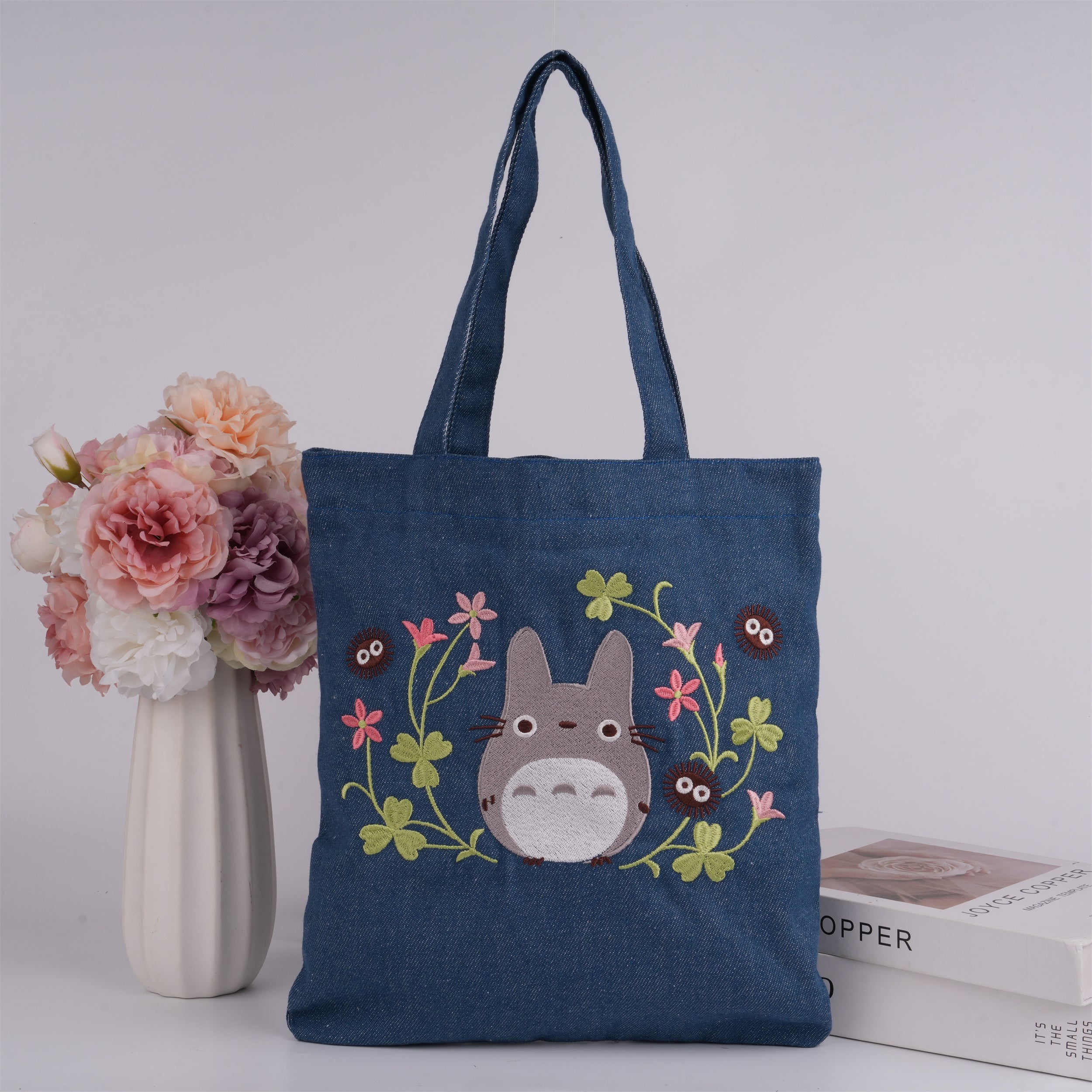 Handmade Embroidery Totoro& Flower Tote,Fabric Handbag,Cute Storage Purse,Wedding/Birthday Gift