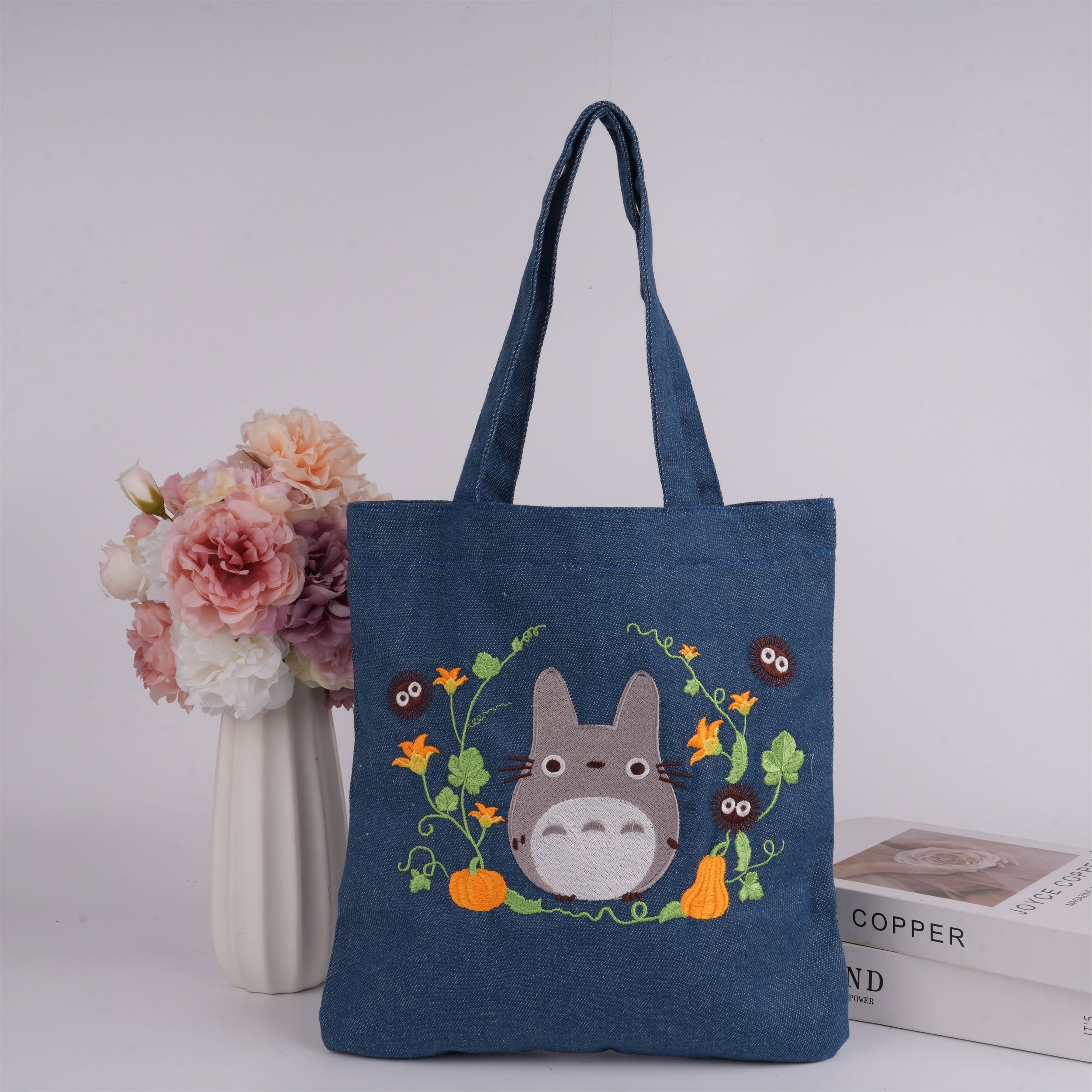Handmade Embroidery Totoro& Flower Tote,Fabric Handbag,Cute Storage Purse,Wedding/Birthday Gift