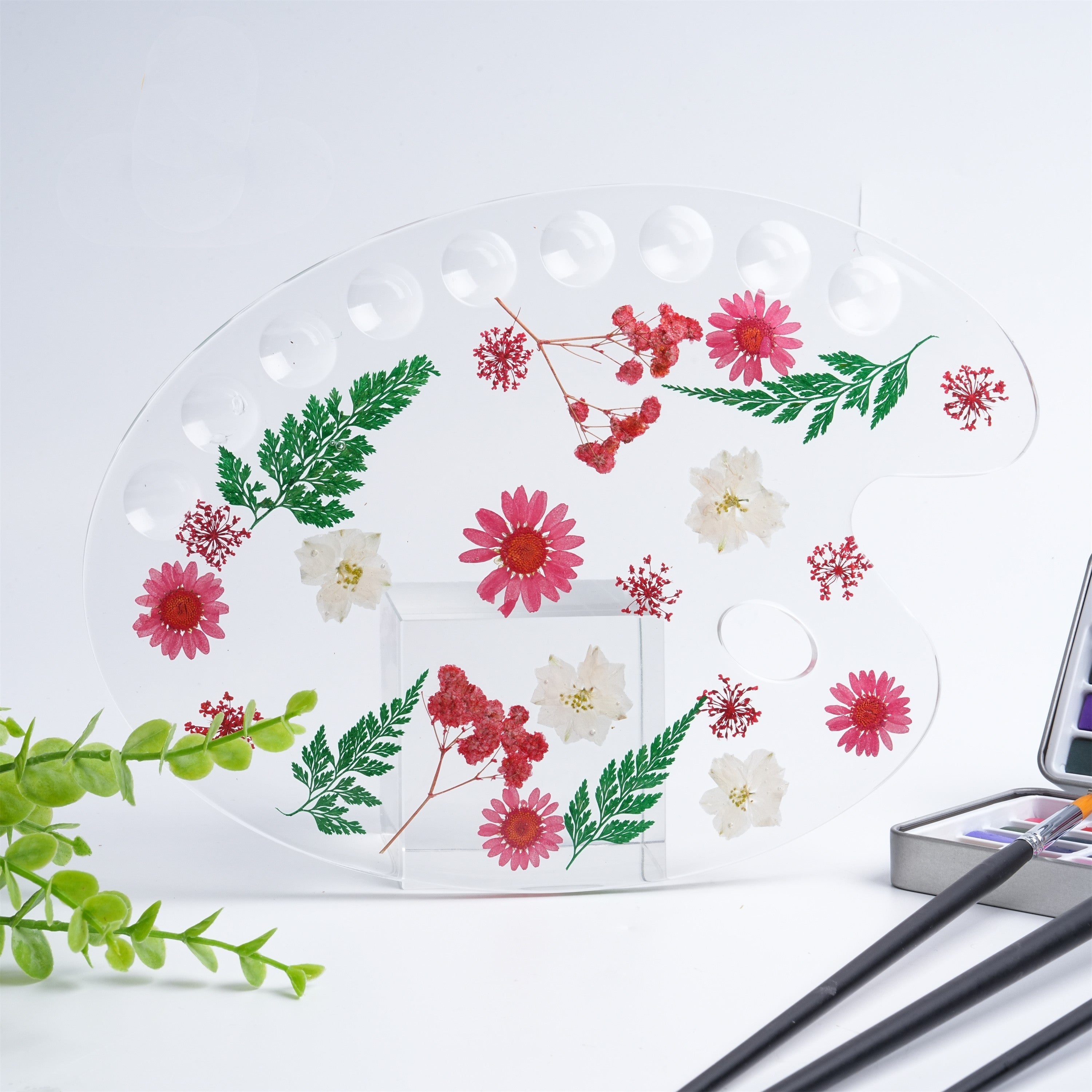 Red Floral Resin Paint Palette Pressed Flowers, Handmade Paint Palette