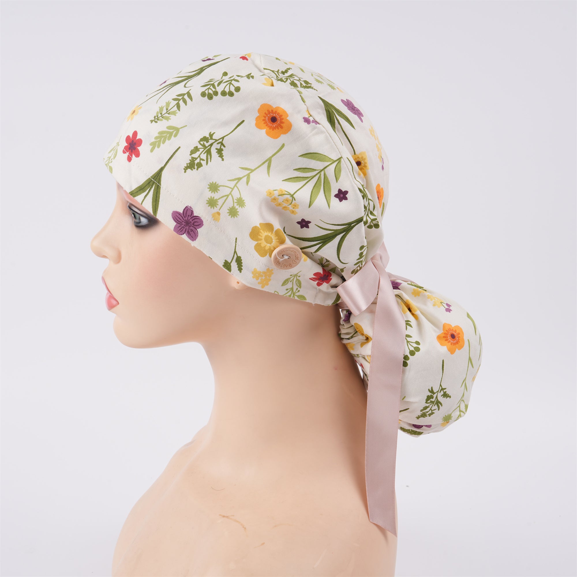 Women's Ponyatil Surgical Scrub Cap,Yellow Wildflowers on White Cotton