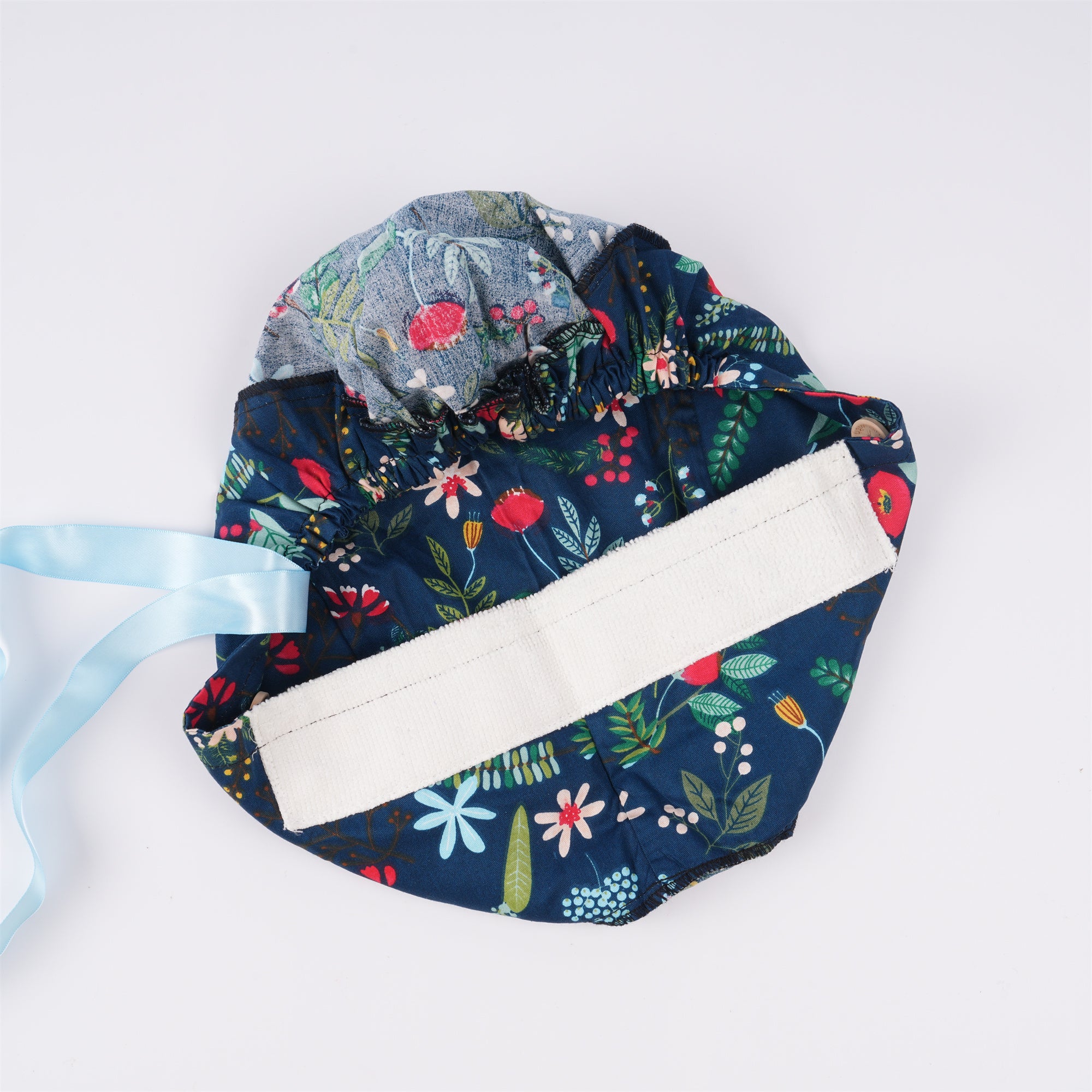 Navy Cotton Ponytail Scrub Cap, Red Flower & Green Plant Print,Blue Ribbon TIe