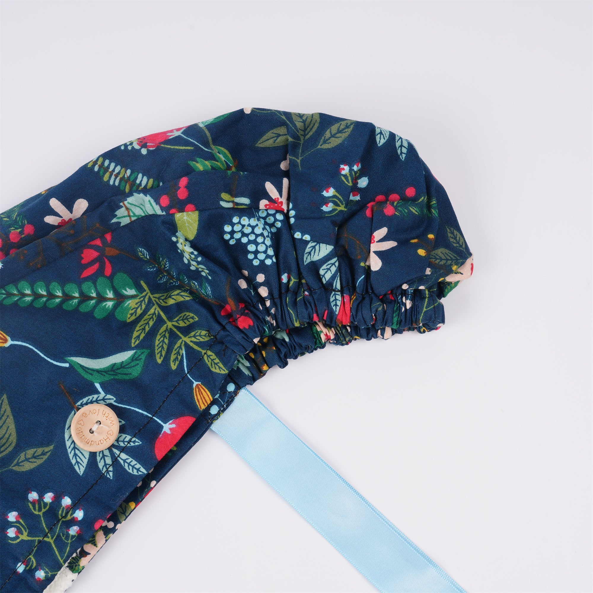 Navy Cotton Ponytail Scrub Cap, Red Flower & Green Plant Print,Blue Ribbon TIe
