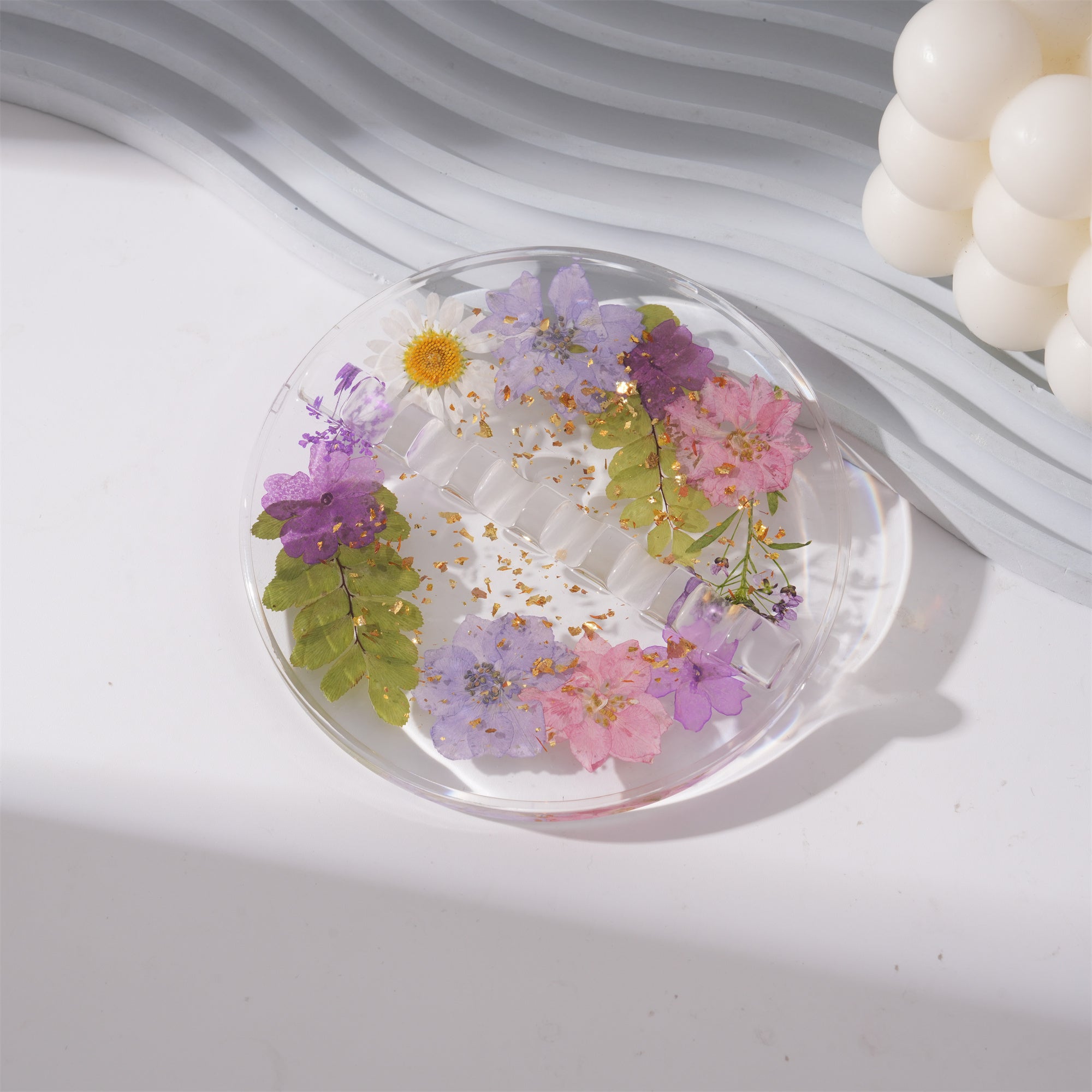 Round Resin Paint Brush Holder,Real Folwers,Daisy,Gold Flakes, Artist Gifts