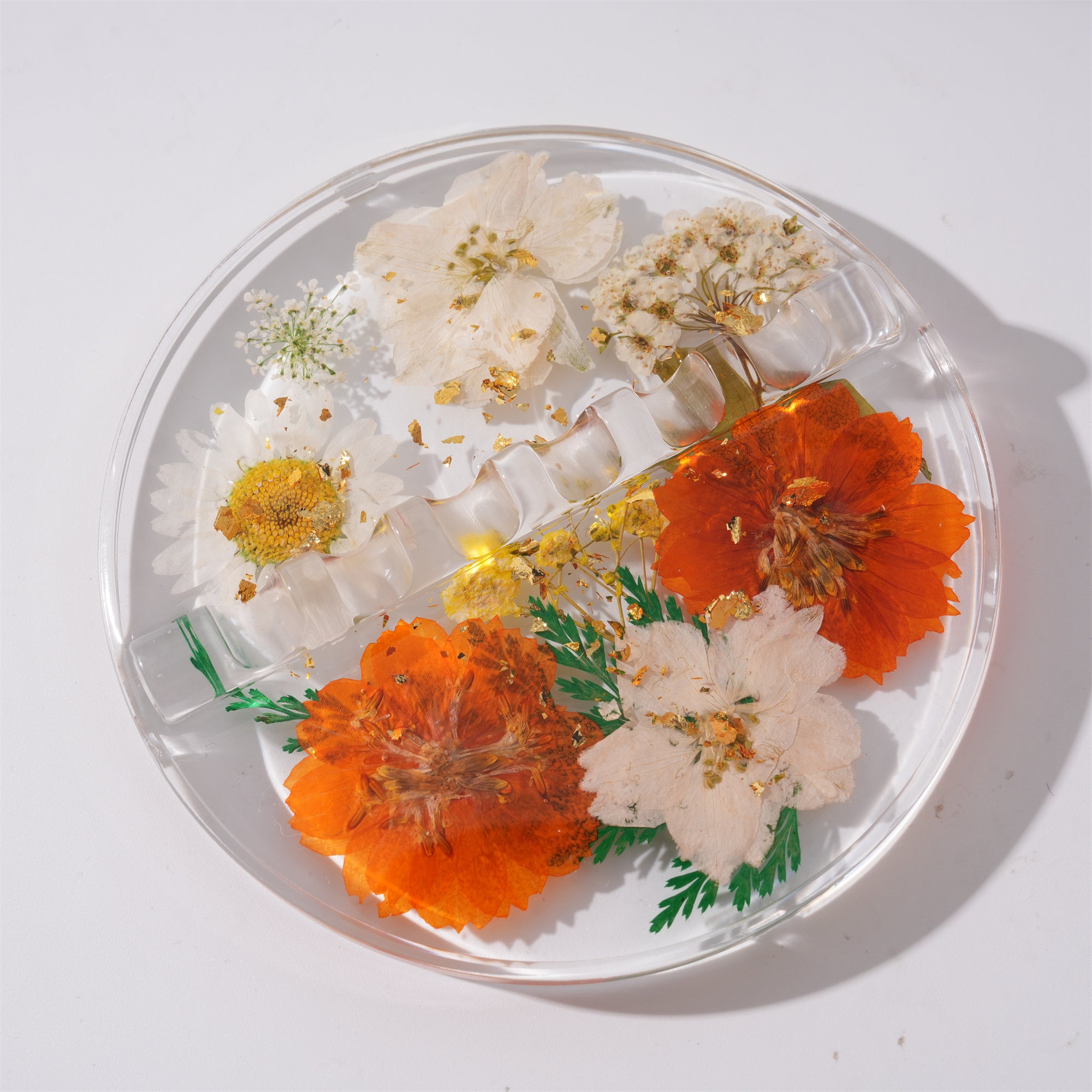 Round Resin Paint Brush Holder,Real Folwers,Daisy,Gold Flakes, Artist Gifts