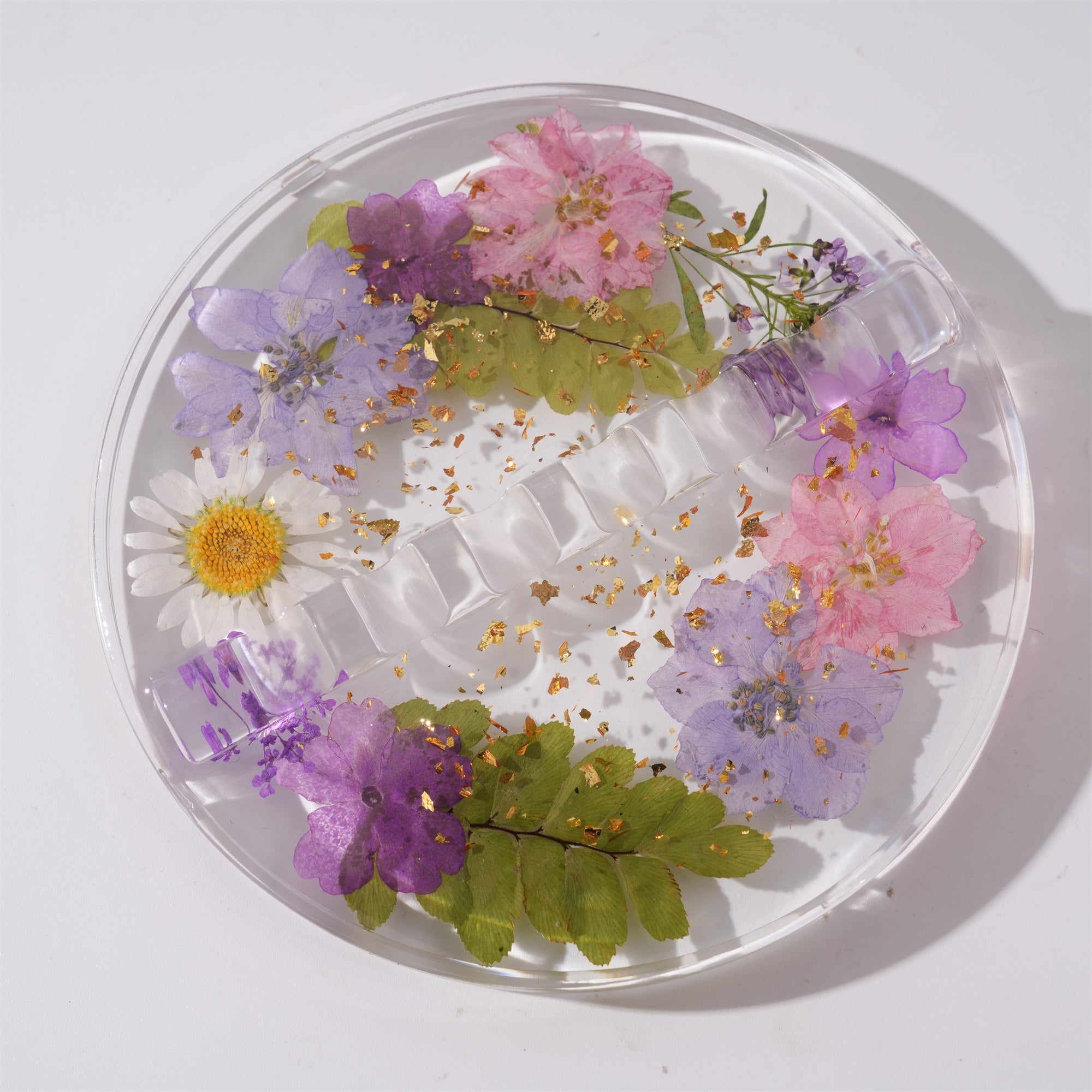 Round Resin Paint Brush Holder,Real Folwers,Daisy,Gold Flakes, Artist Gifts