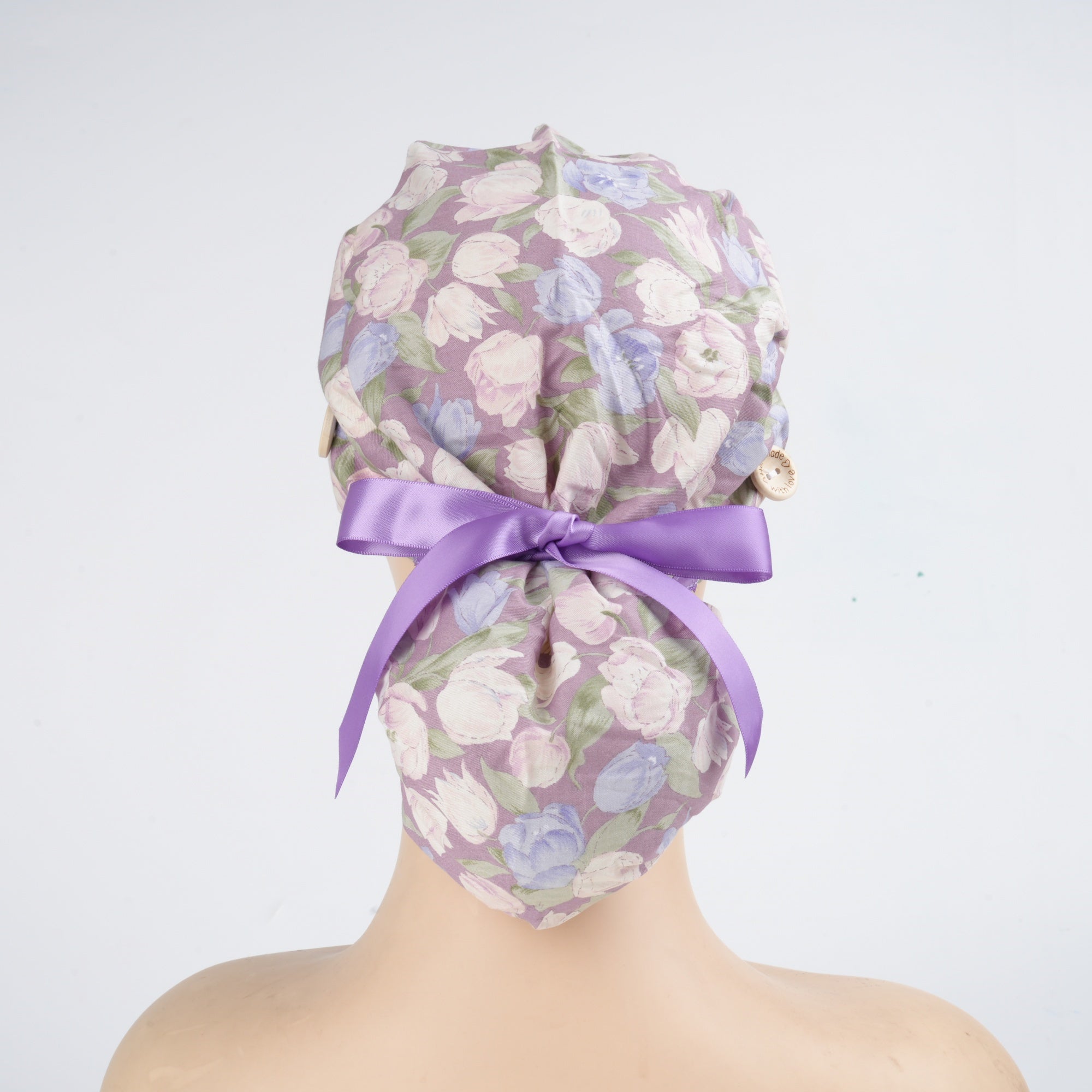 Purple Blossom Cotton Ponytail Scrub Cap