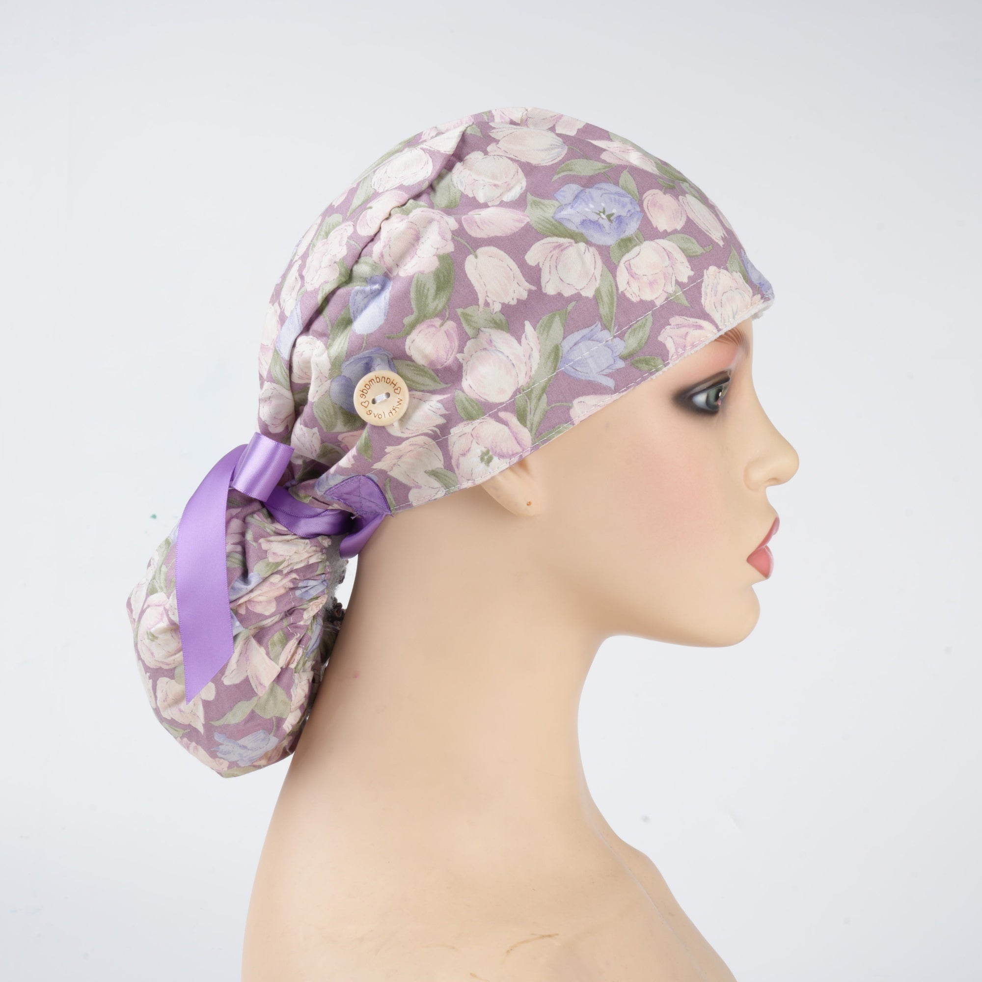 Purple Blossom Cotton Ponytail Scrub Cap