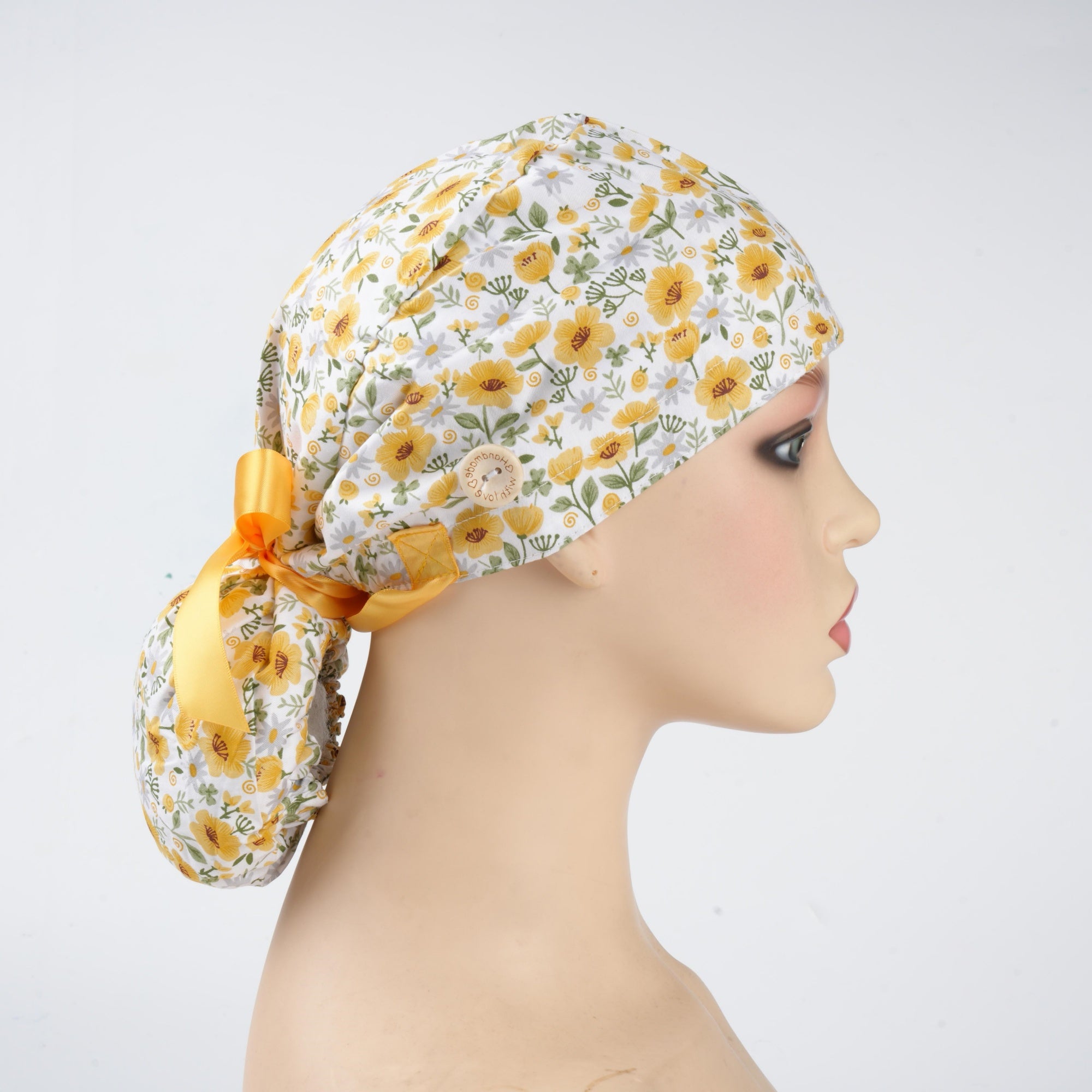 Yellowe Gray Daisies Cotton Ponytail Scrub Cap