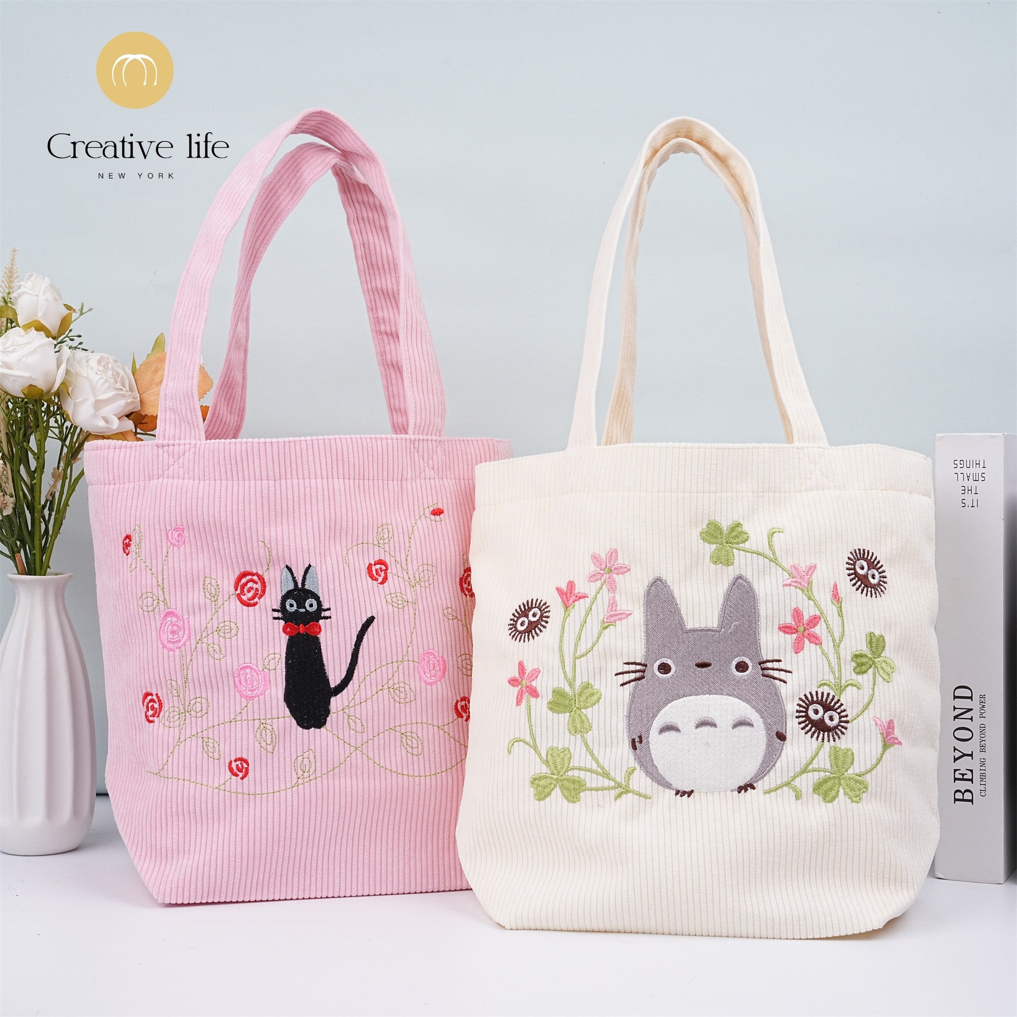 Embroidery Totoro Kiki Corduroy Tote,Cute Anime Handbag,Birthday Gift