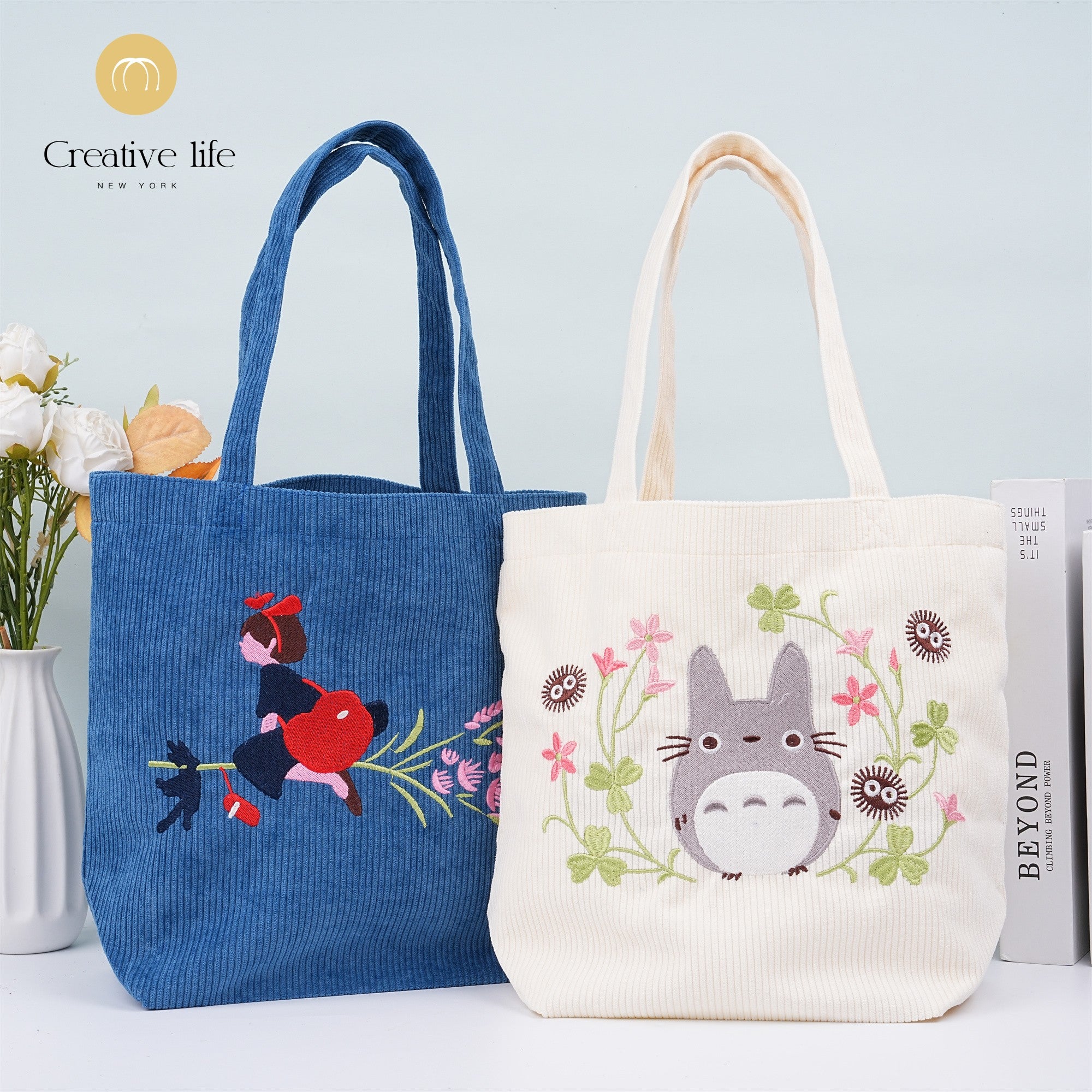 Embroidery Totoro Kiki Corduroy Tote,Cute Anime Handbag,Birthday Gift