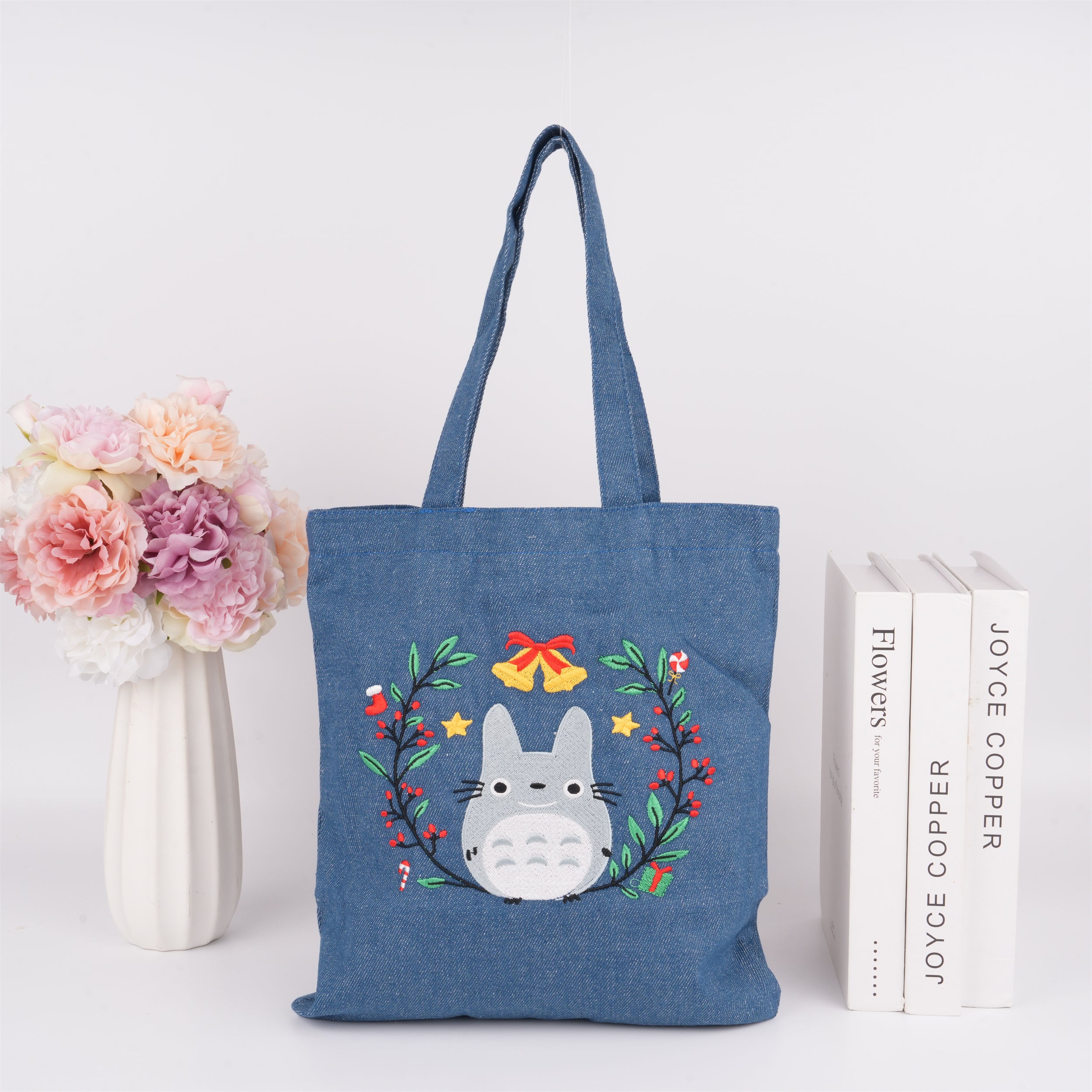 Handmade Embroidery Totoro& Flower Tote,Fabric Handbag,Cute Storage Purse,Wedding/Birthday Gift