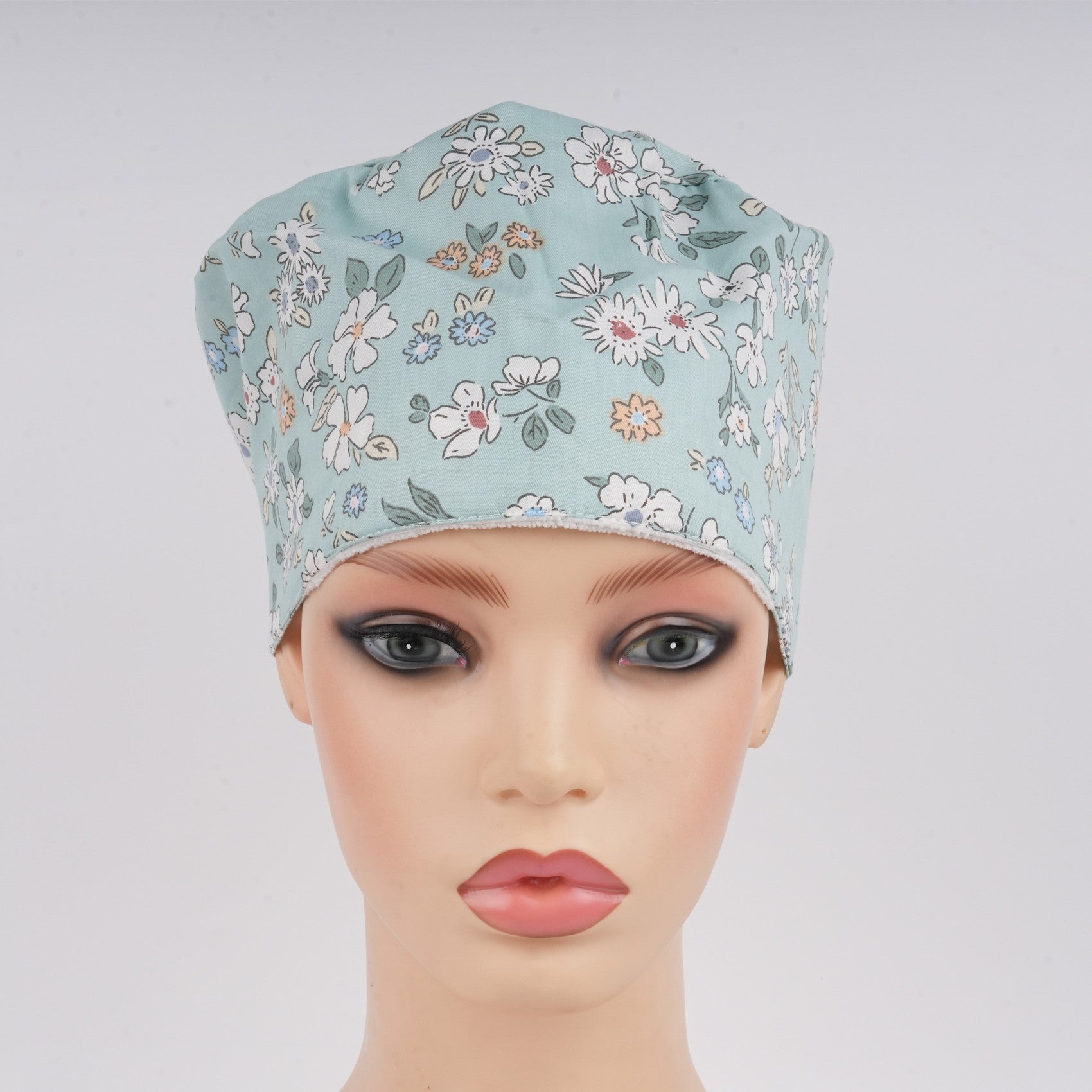 White Flowers in Mint Green Cotton Euro Style Surgical Scrub Cap