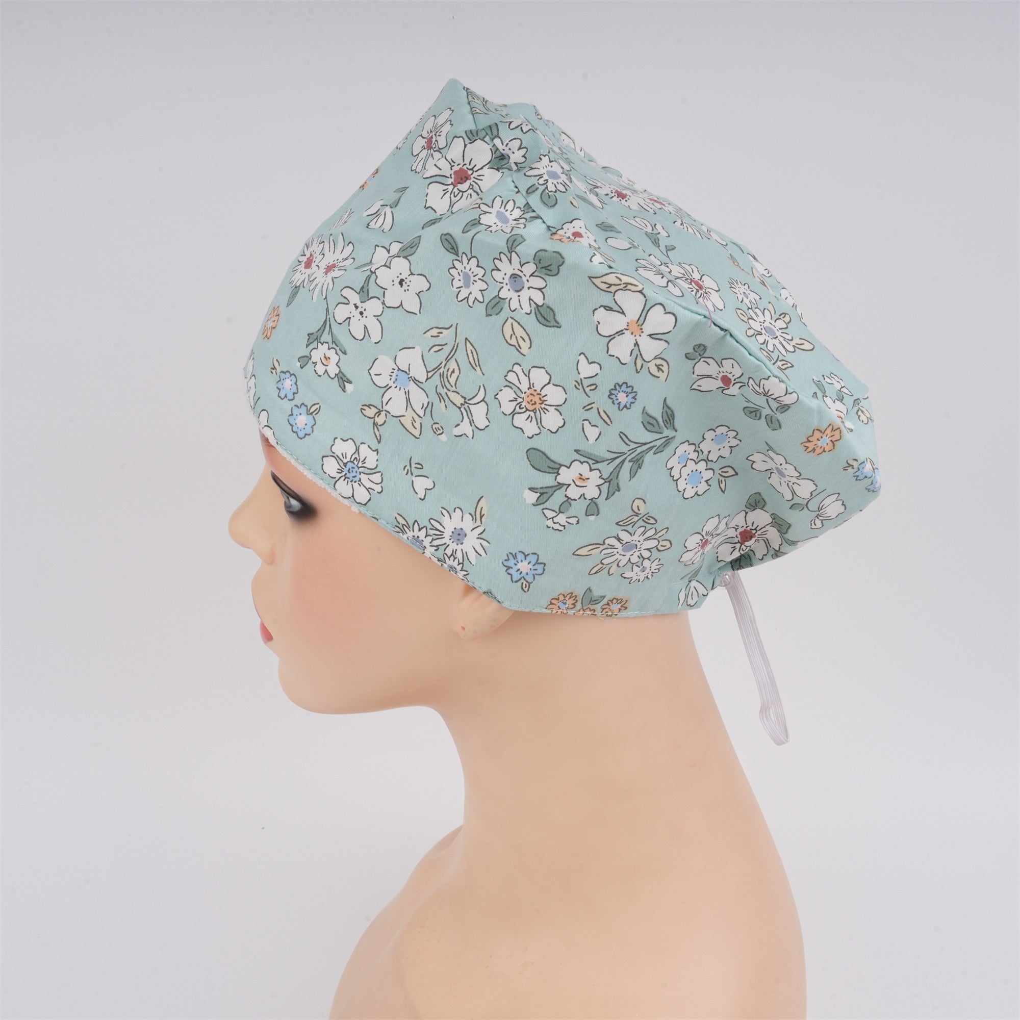 White Flowers in Mint Green Cotton Euro Style Surgical Scrub Cap