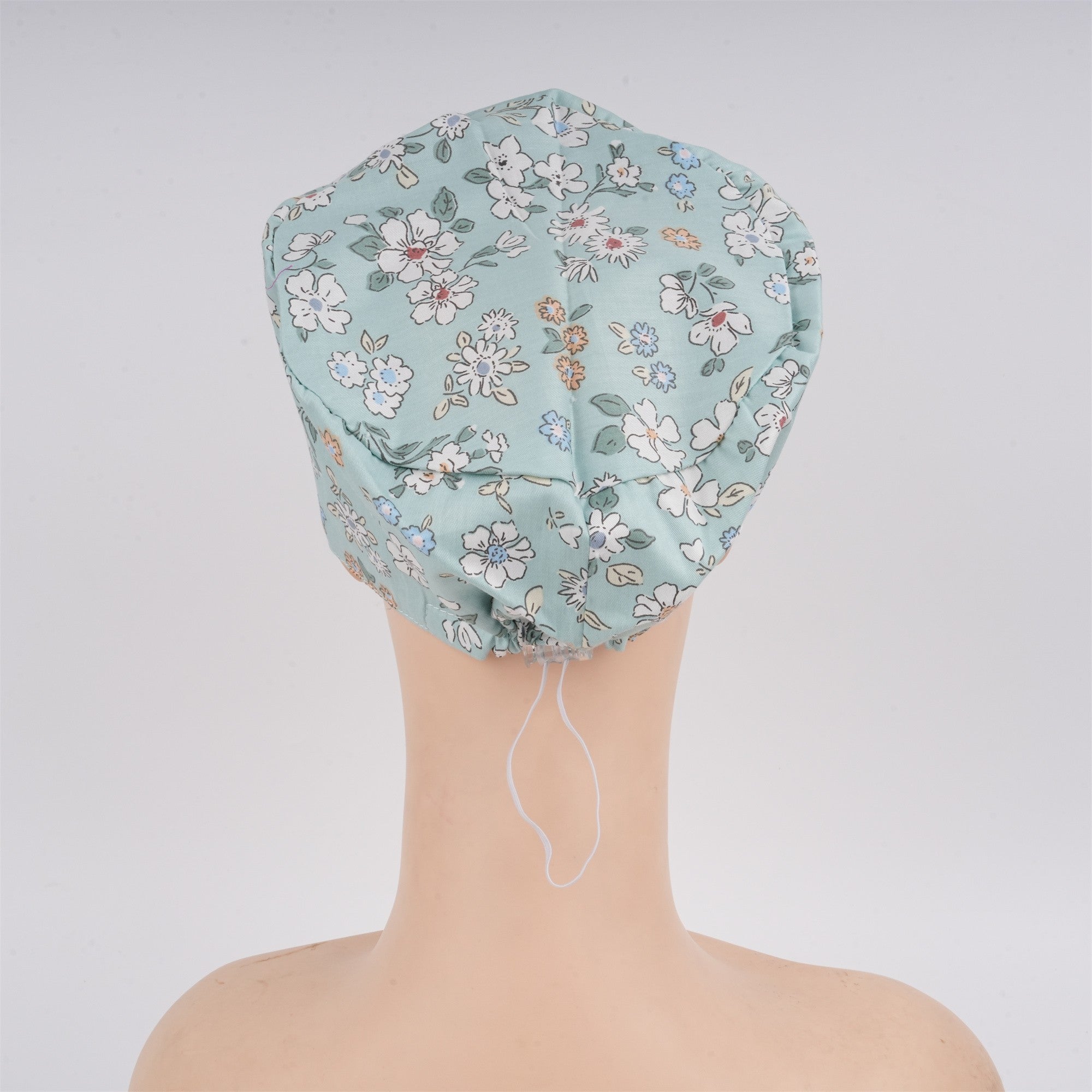 White Flowers in Mint Green Cotton Euro Style Surgical Scrub Cap