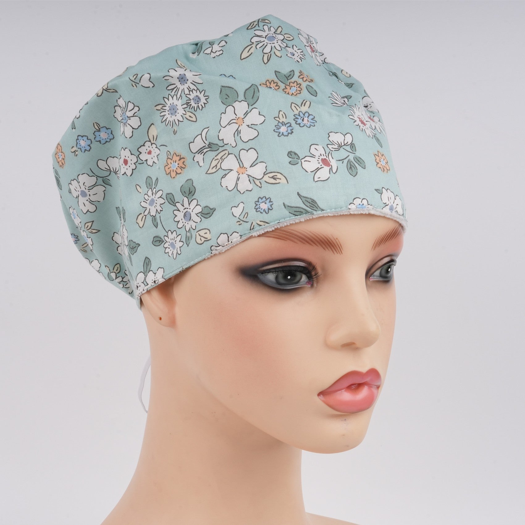 White Flowers in Mint Green Cotton Euro Style Surgical Scrub Cap